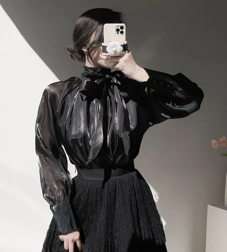 サテンリボン長袖カラーブラウス | mirangmirang | 詳細画像17