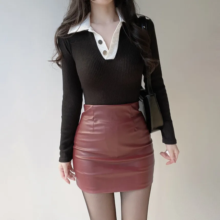 レザー調Hラインベーシックカラースカート | mirangmirang | 詳細画像16