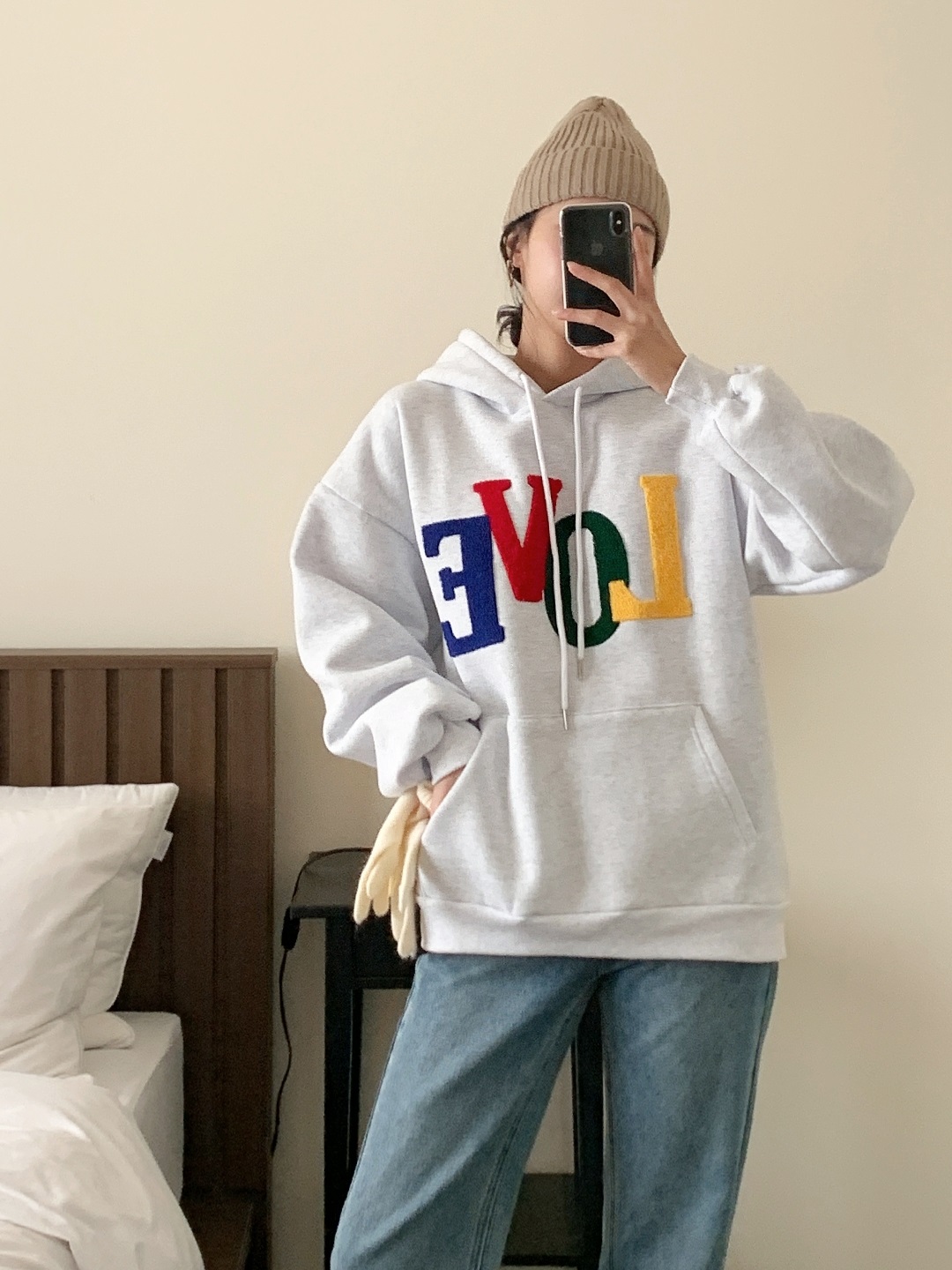 裏起毛フードドローストリングカンガルーポケットカラーパーカー | 詳細画像3