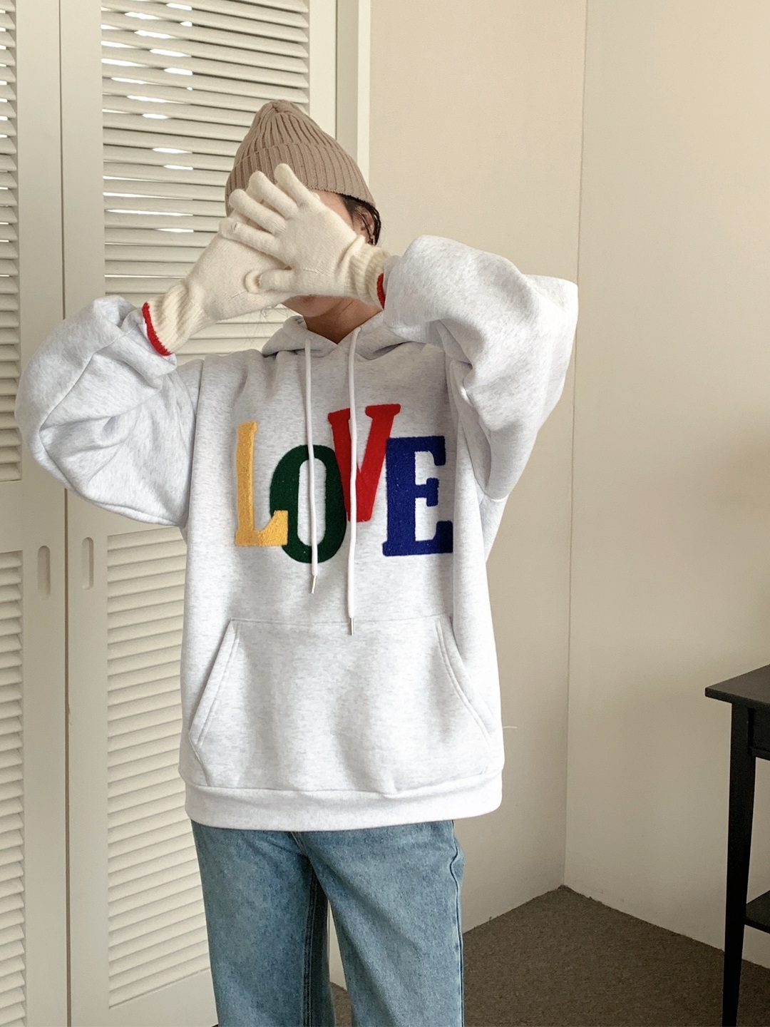 裏起毛フードドローストリングカンガルーポケットカラーパーカー | 詳細画像4