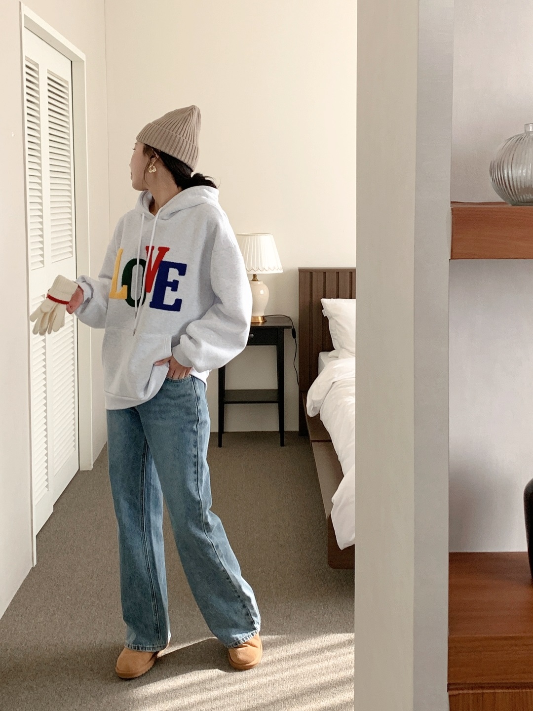 裏起毛フードドローストリングカンガルーポケットカラーパーカー | 詳細画像6