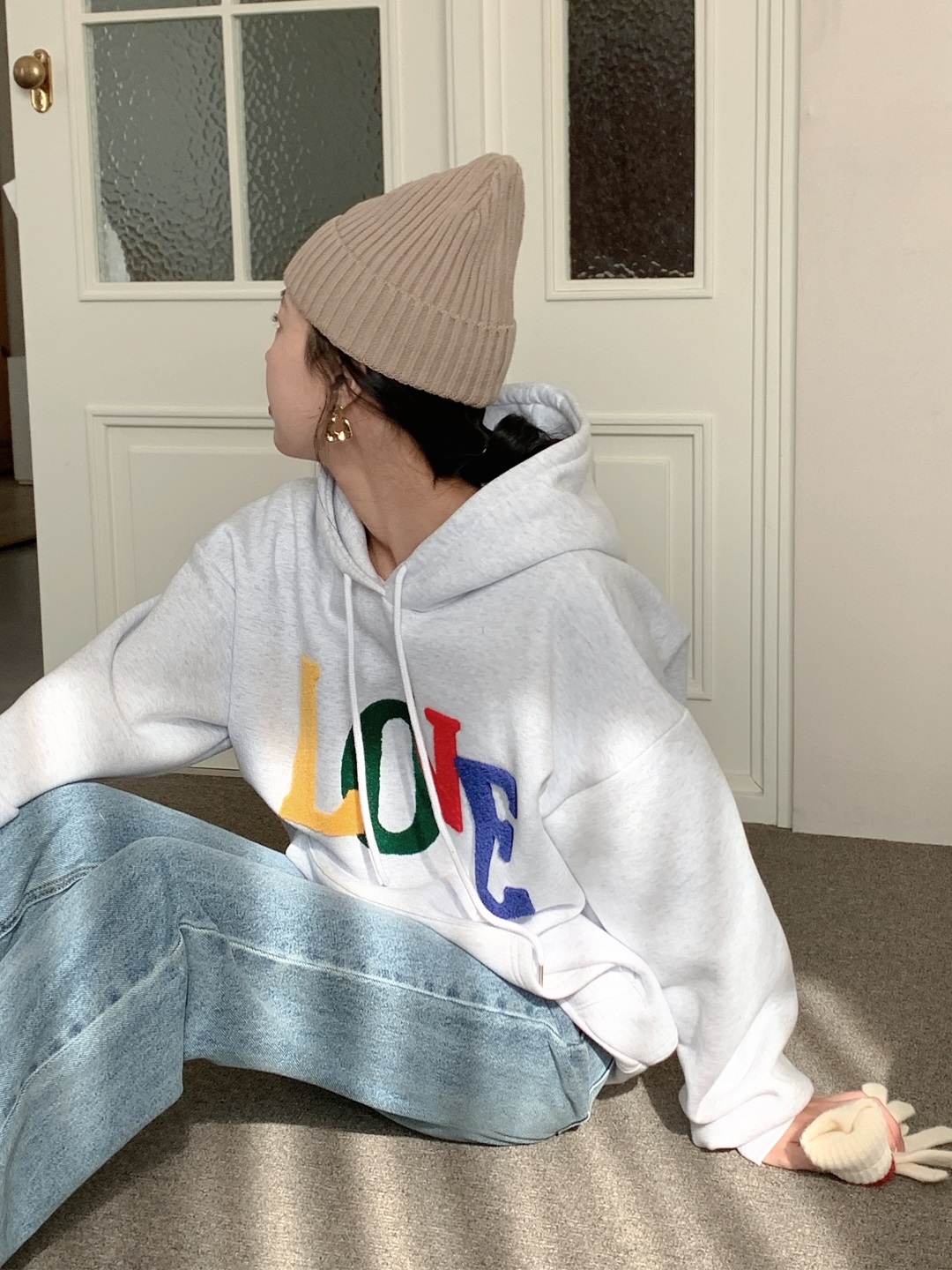 裏起毛フードドローストリングカンガルーポケットカラーパーカー | 詳細画像7