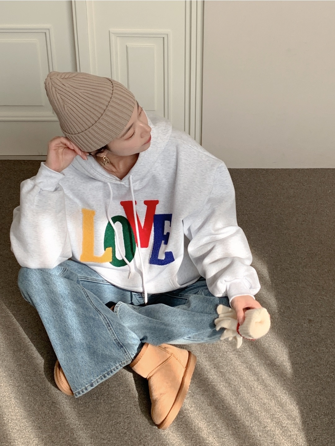 裏起毛フードドローストリングカンガルーポケットカラーパーカー | 詳細画像8