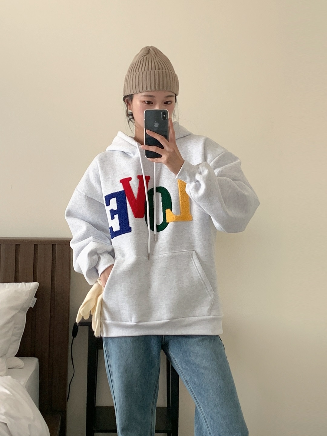 裏起毛フードドローストリングカンガルーポケットカラーパーカー | 詳細画像9