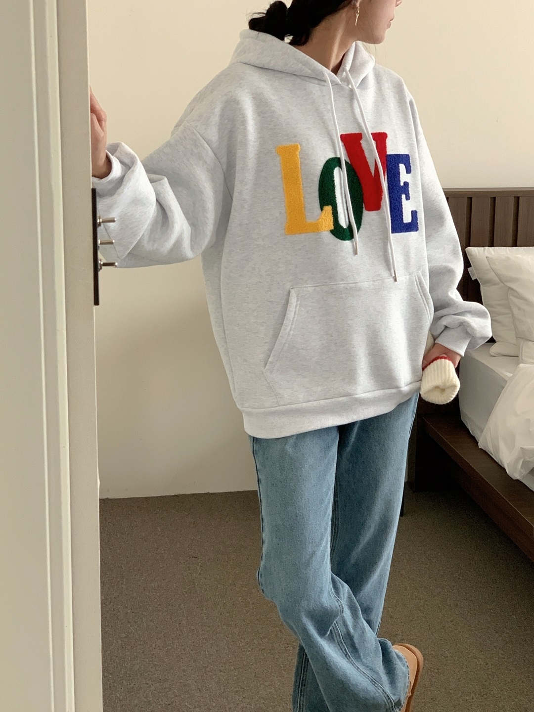 裏起毛フードドローストリングカンガルーポケットカラーパーカー | 詳細画像10