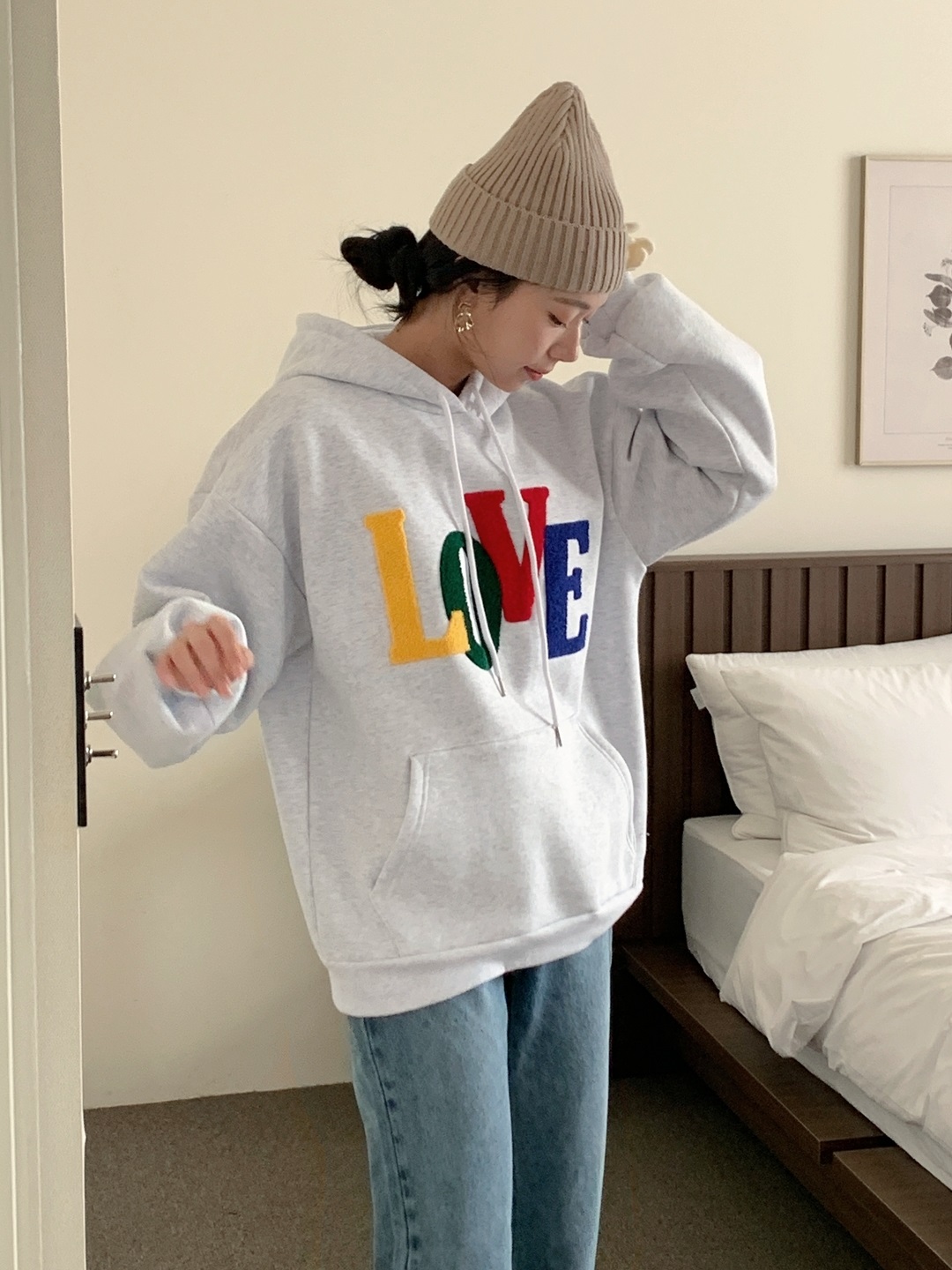 裏起毛フードドローストリングカンガルーポケットカラーパーカー | 詳細画像13