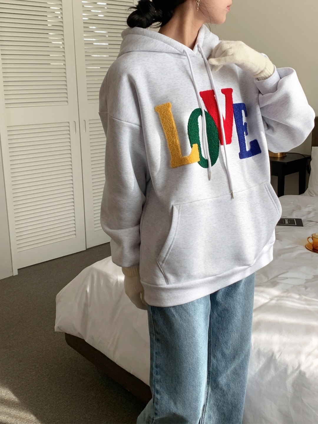 裏起毛フードドローストリングカンガルーポケットカラーパーカー | 詳細画像14