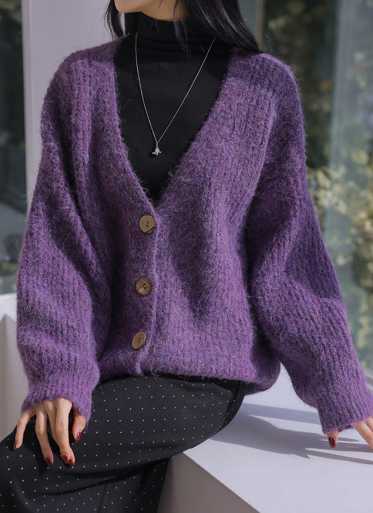 ウール混ボタンVネックルーズカラーカーディガン | レディース