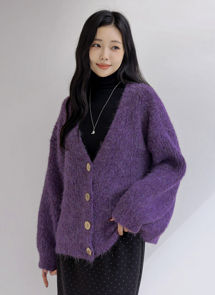 ウール混ボタンVネックルーズカラーカーディガン | レディース