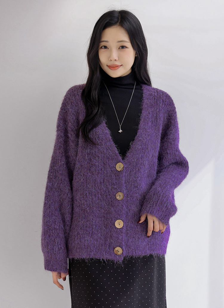 ウール混ボタンVネックルーズカラーカーディガン | レディース