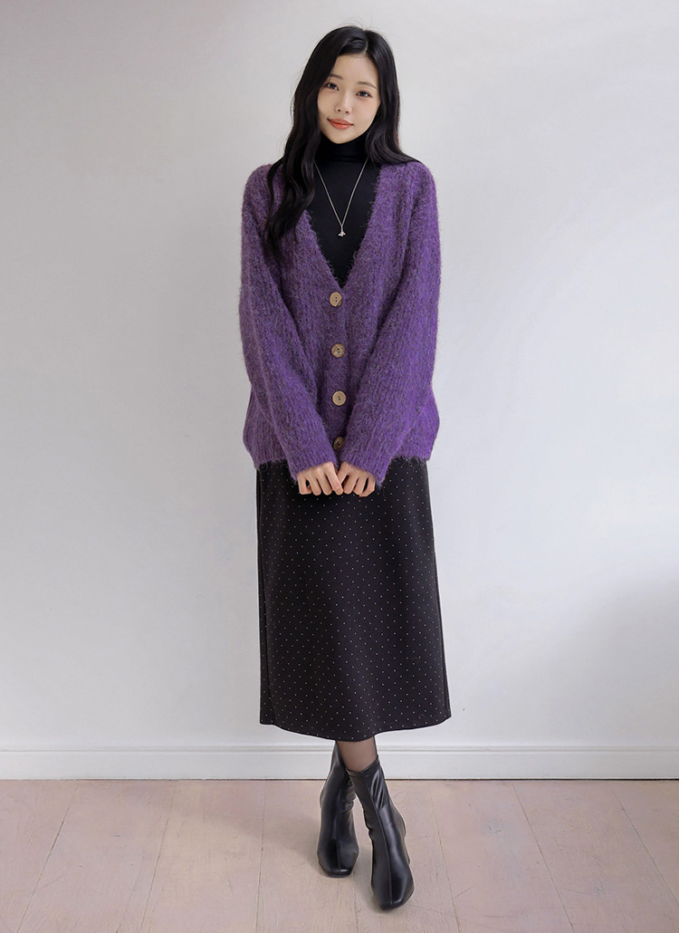 ウール混ボタンVネックルーズカラーカーディガン | レディース