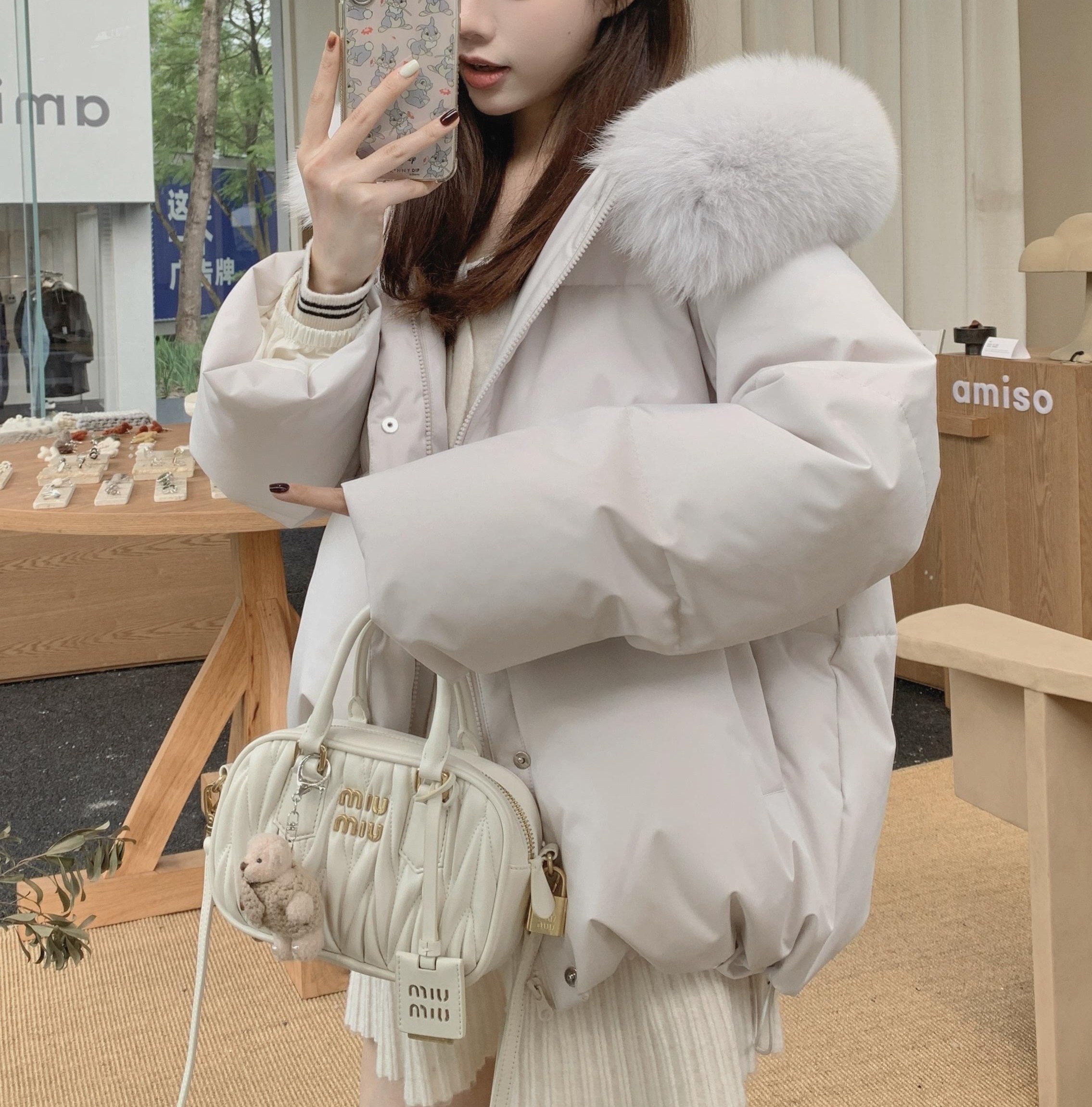 エコファーフードドローストリングオーバーサイズダウンジャケット | 詳細画像3