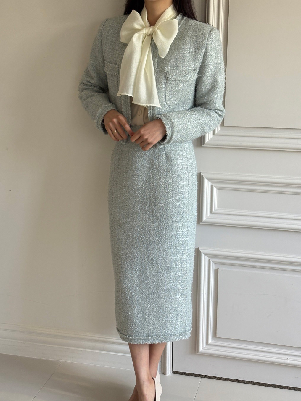 ツイードウール混スリットポケットフリンジ肩パッドロングセットアップ | 詳細画像2