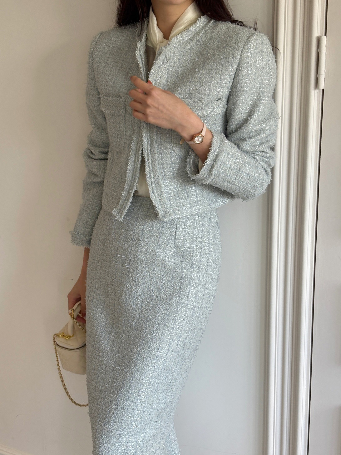 ツイードウール混スリットポケットフリンジ肩パッドロングセットアップ | 詳細画像4