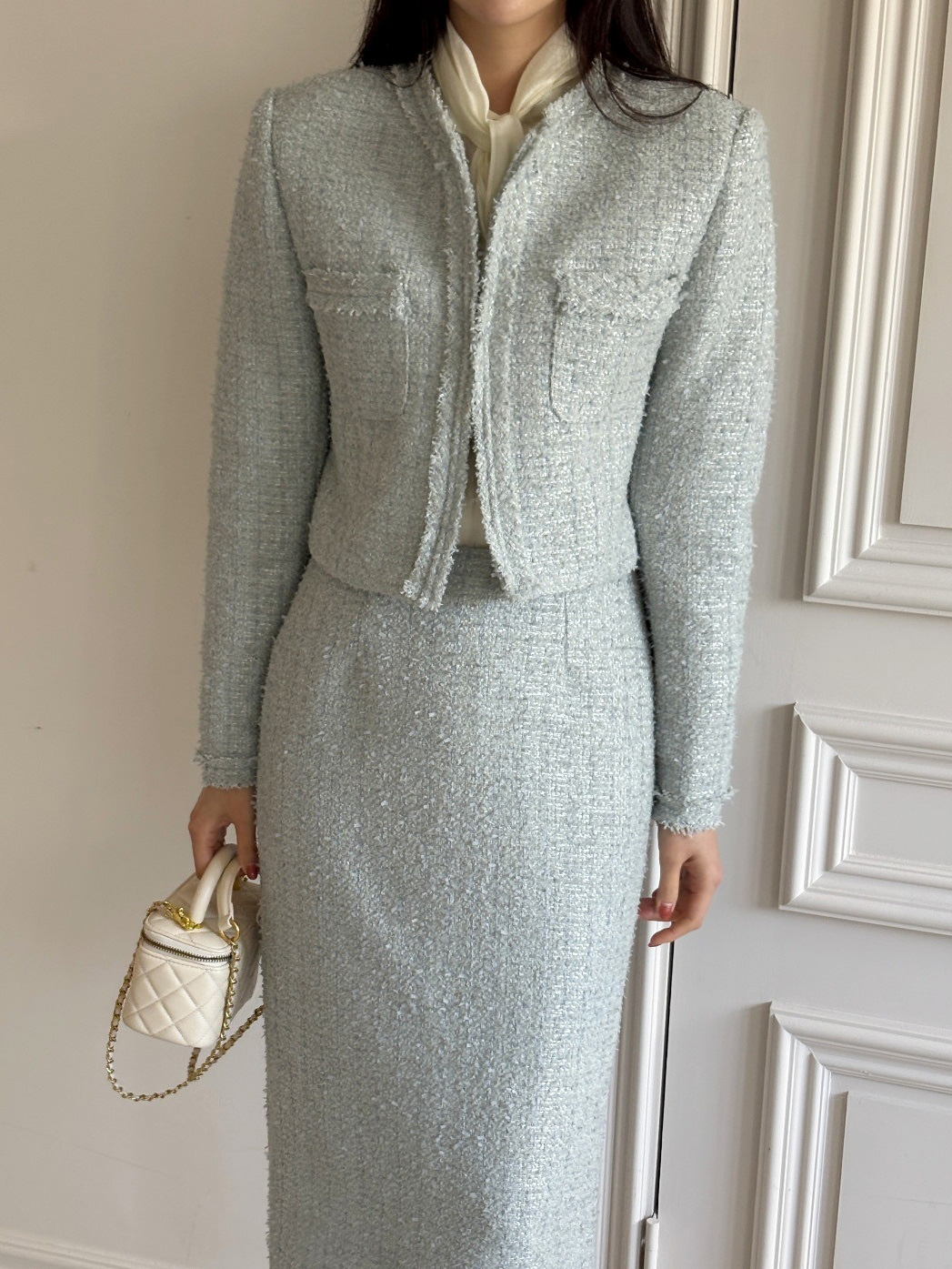 ツイードウール混スリットポケットフリンジ肩パッドロングセットアップ | 詳細画像5