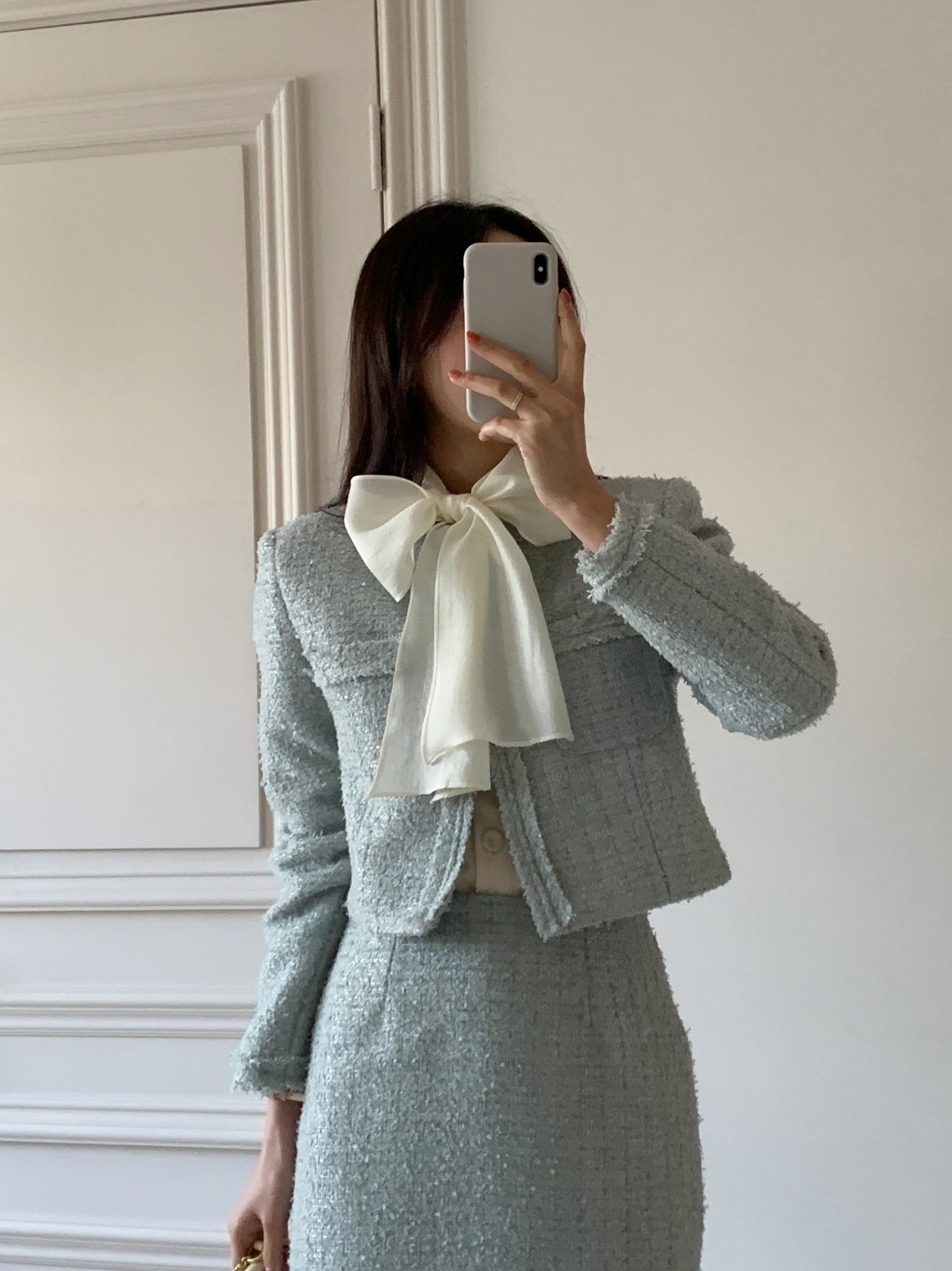 ツイードウール混スリットポケットフリンジ肩パッドロングセットアップ | 詳細画像6