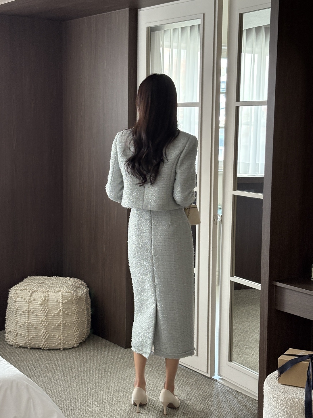 ツイードウール混スリットポケットフリンジ肩パッドロングセットアップ | 詳細画像7