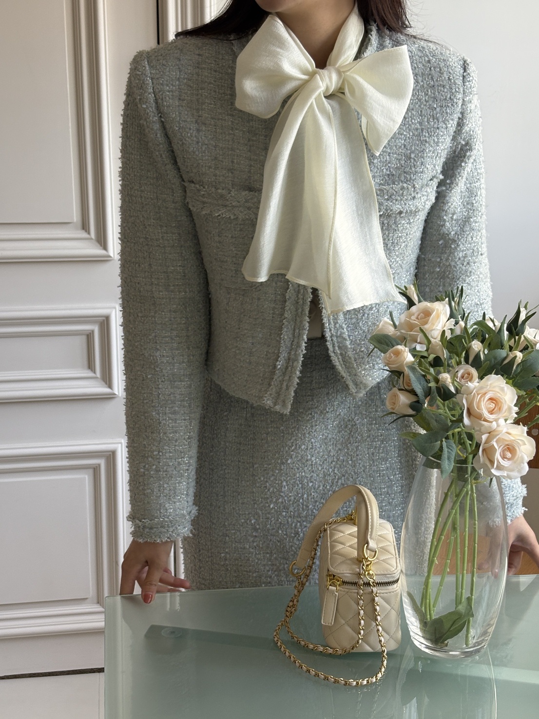 ツイードウール混スリットポケットフリンジ肩パッドロングセットアップ | 詳細画像15