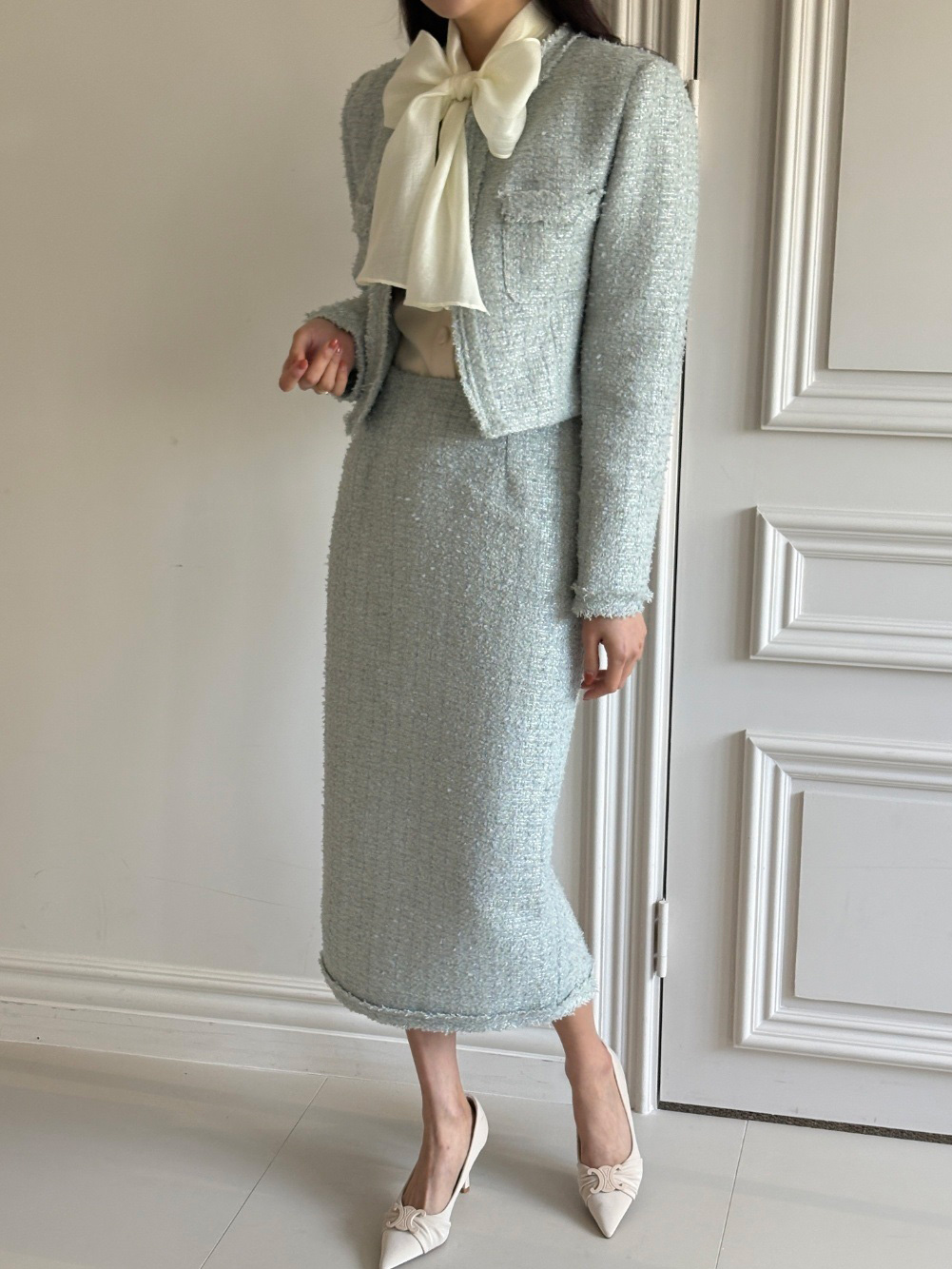 ツイードウール混スリットポケットフリンジ肩パッドロングセットアップ | 詳細画像19