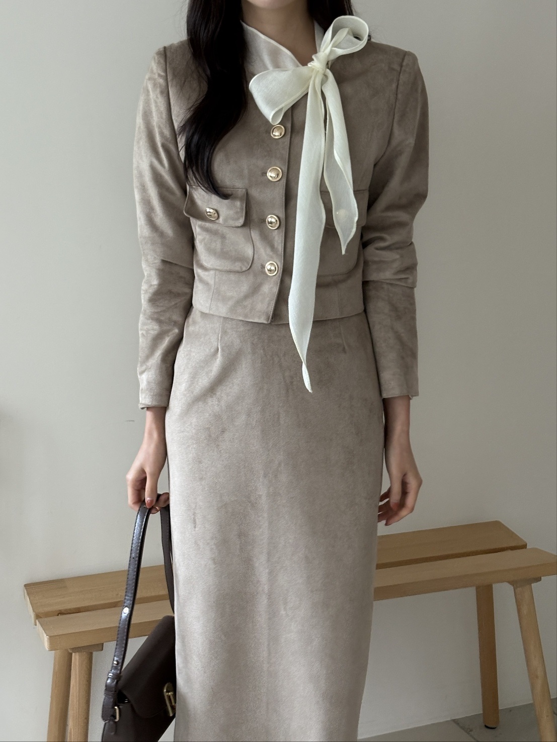 スエード調ラウンドネックポケット肩パッドHライン(ロング丈)セットアップ | 詳細画像3