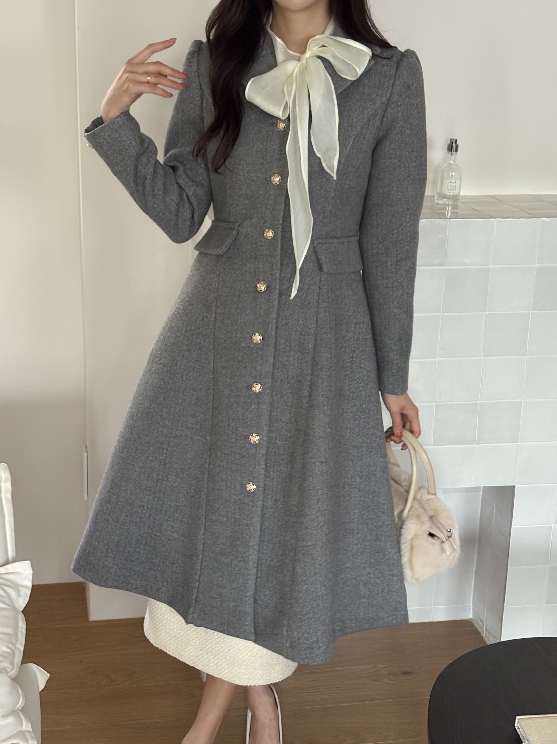 キルティングカラーゴールドボタンAラインコート | 詳細画像8