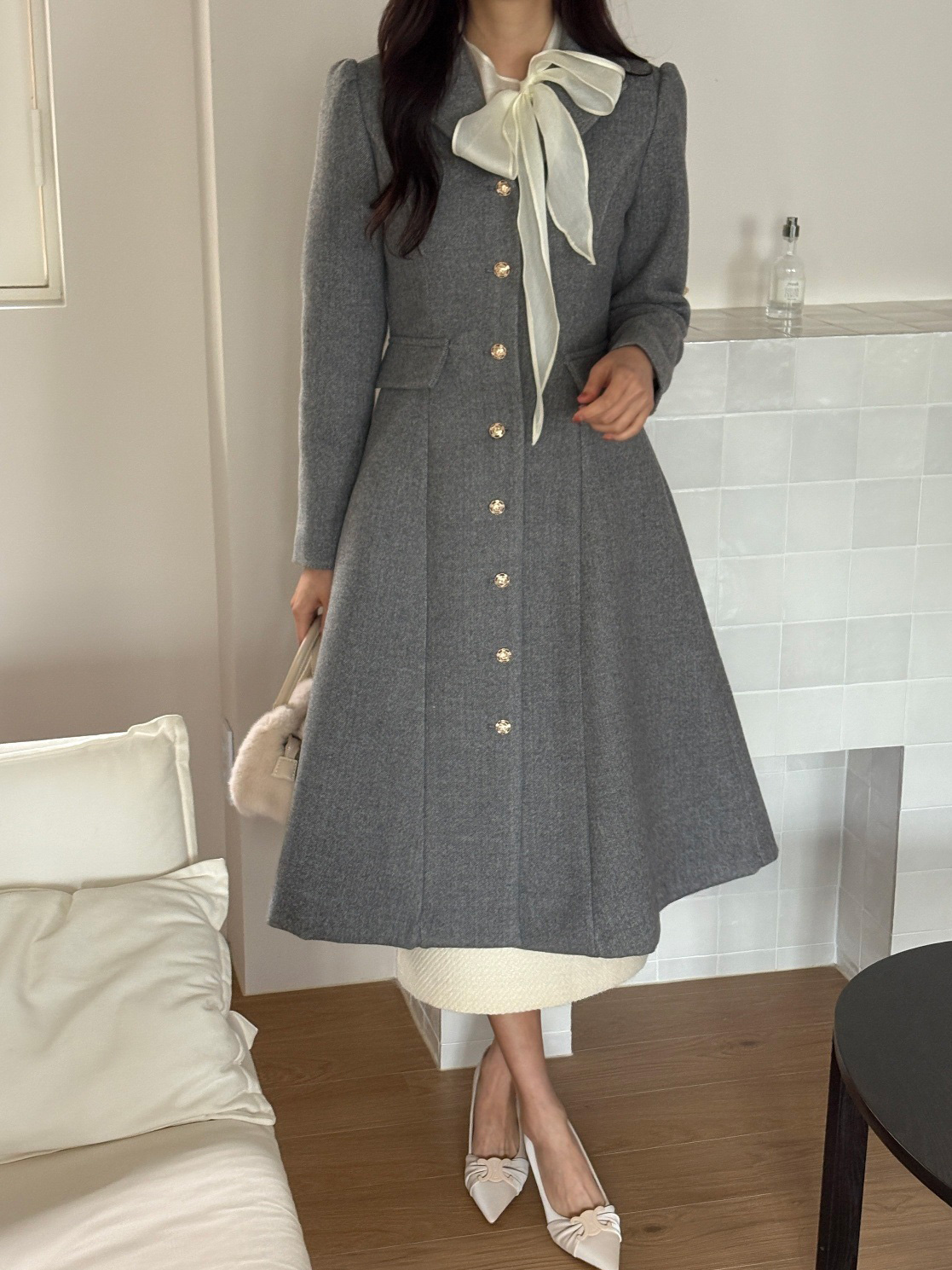 キルティングカラーゴールドボタンAラインコート | 詳細画像12