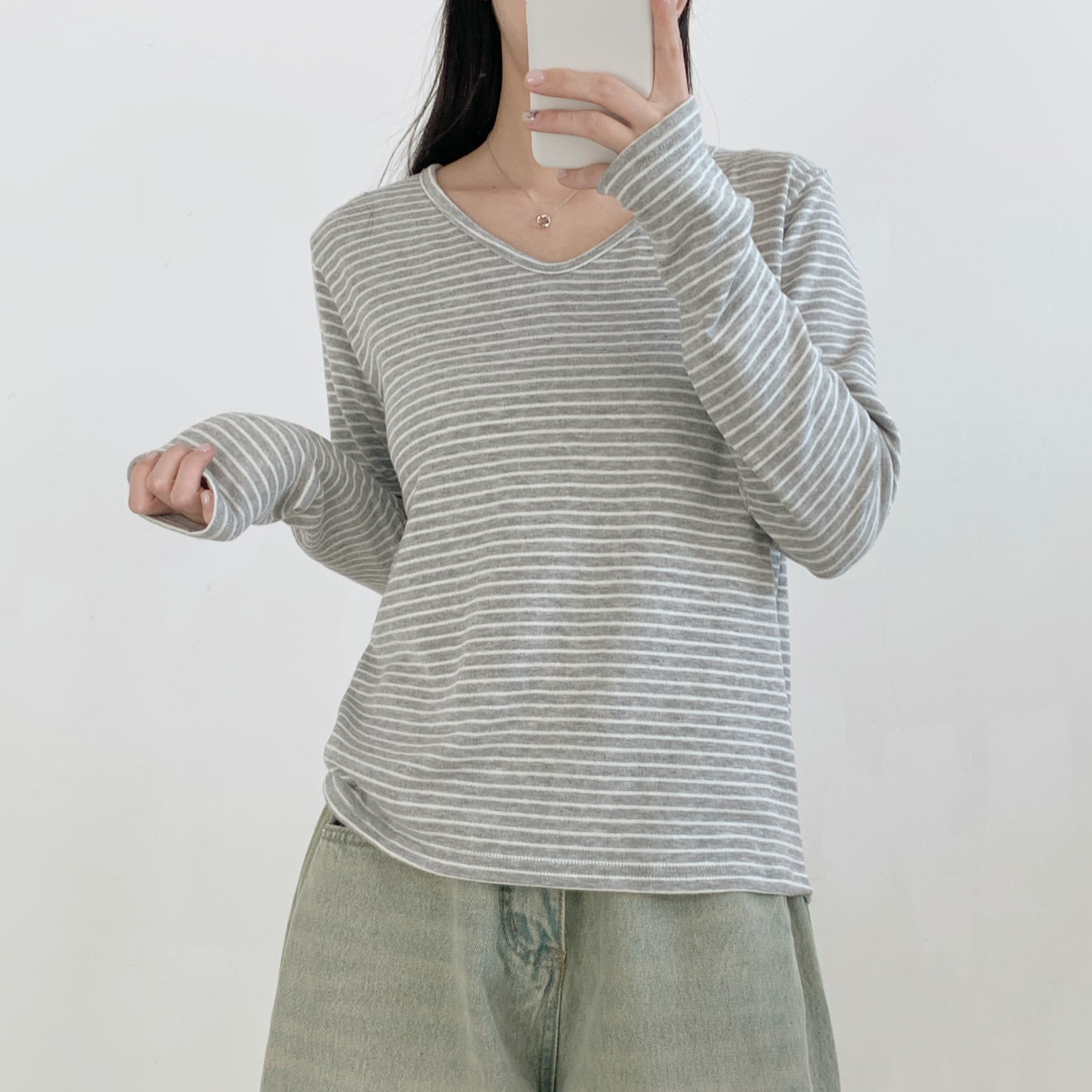 裏起毛VネックルーズボーダーTシャツ | 詳細画像6