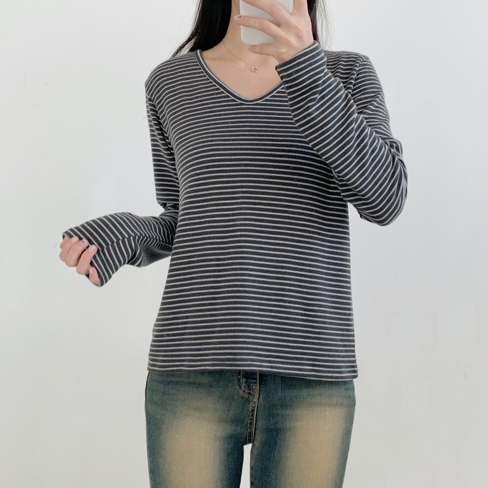 裏起毛VネックルーズボーダーTシャツ | 詳細画像14