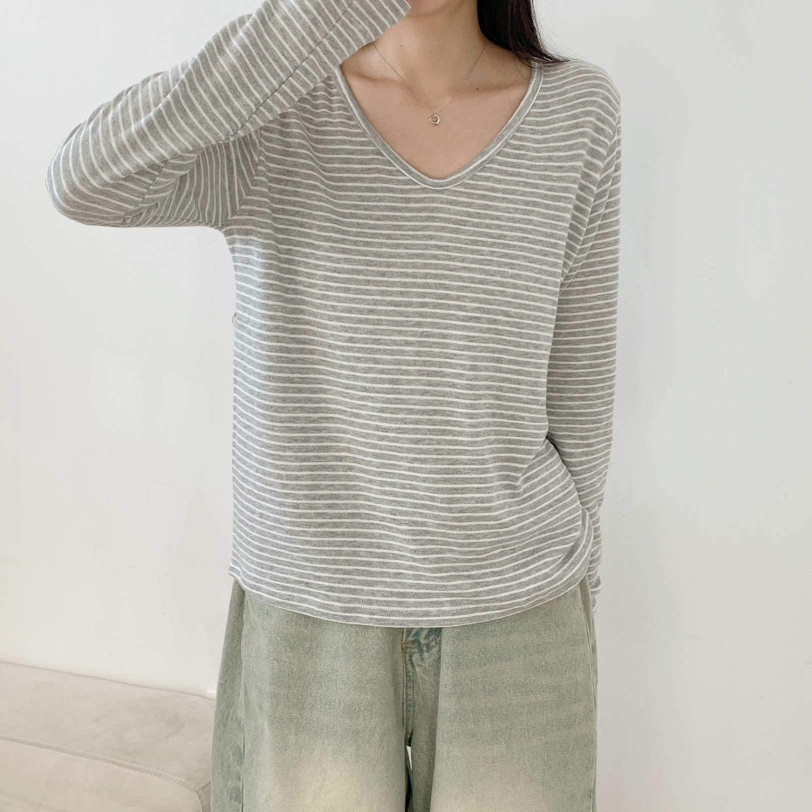 裏起毛VネックルーズボーダーTシャツ | 詳細画像7