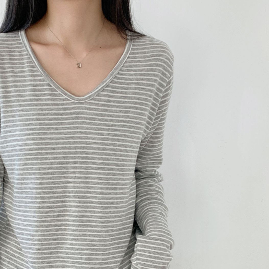 裏起毛VネックルーズボーダーTシャツ | 詳細画像8