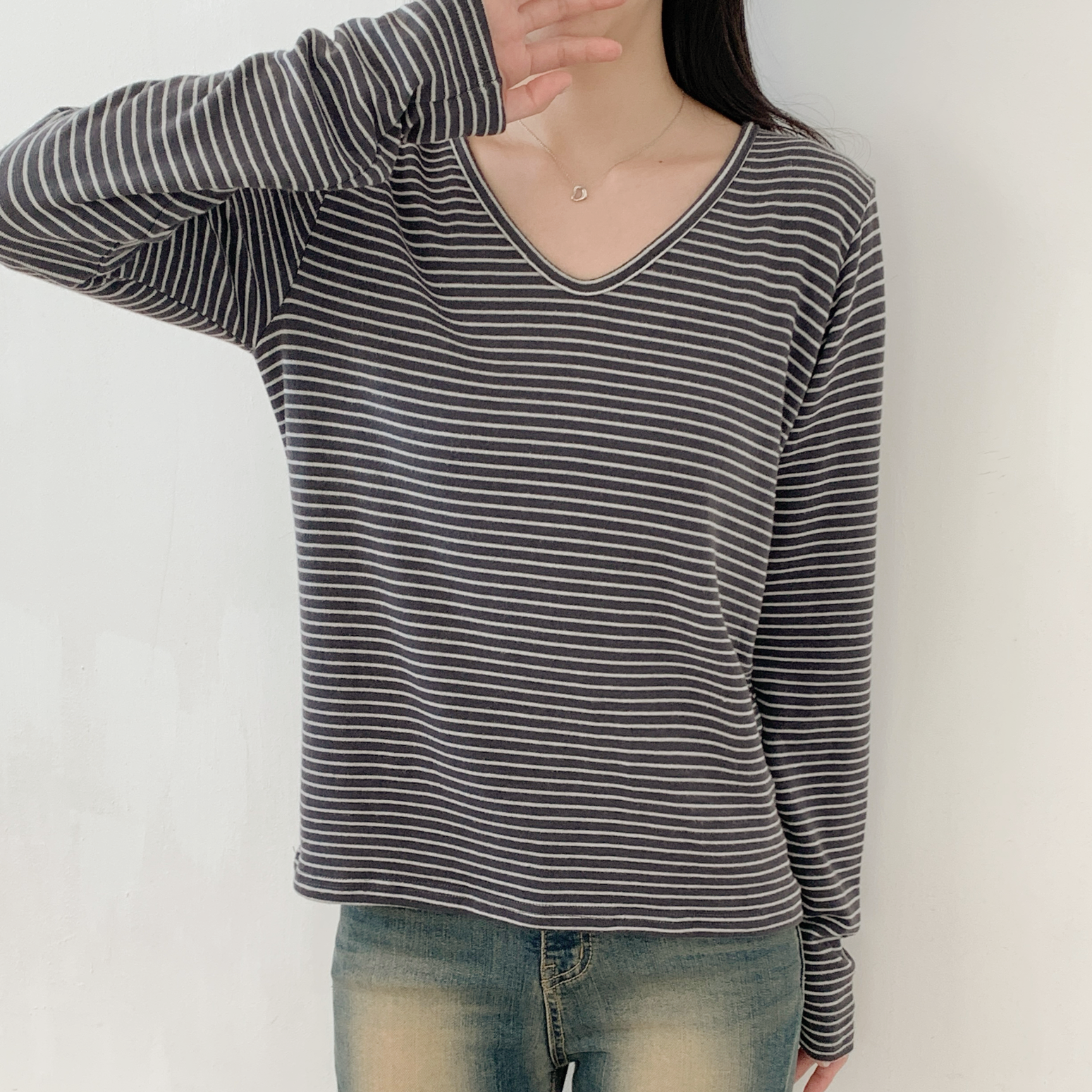 裏起毛VネックルーズボーダーTシャツ | 詳細画像13