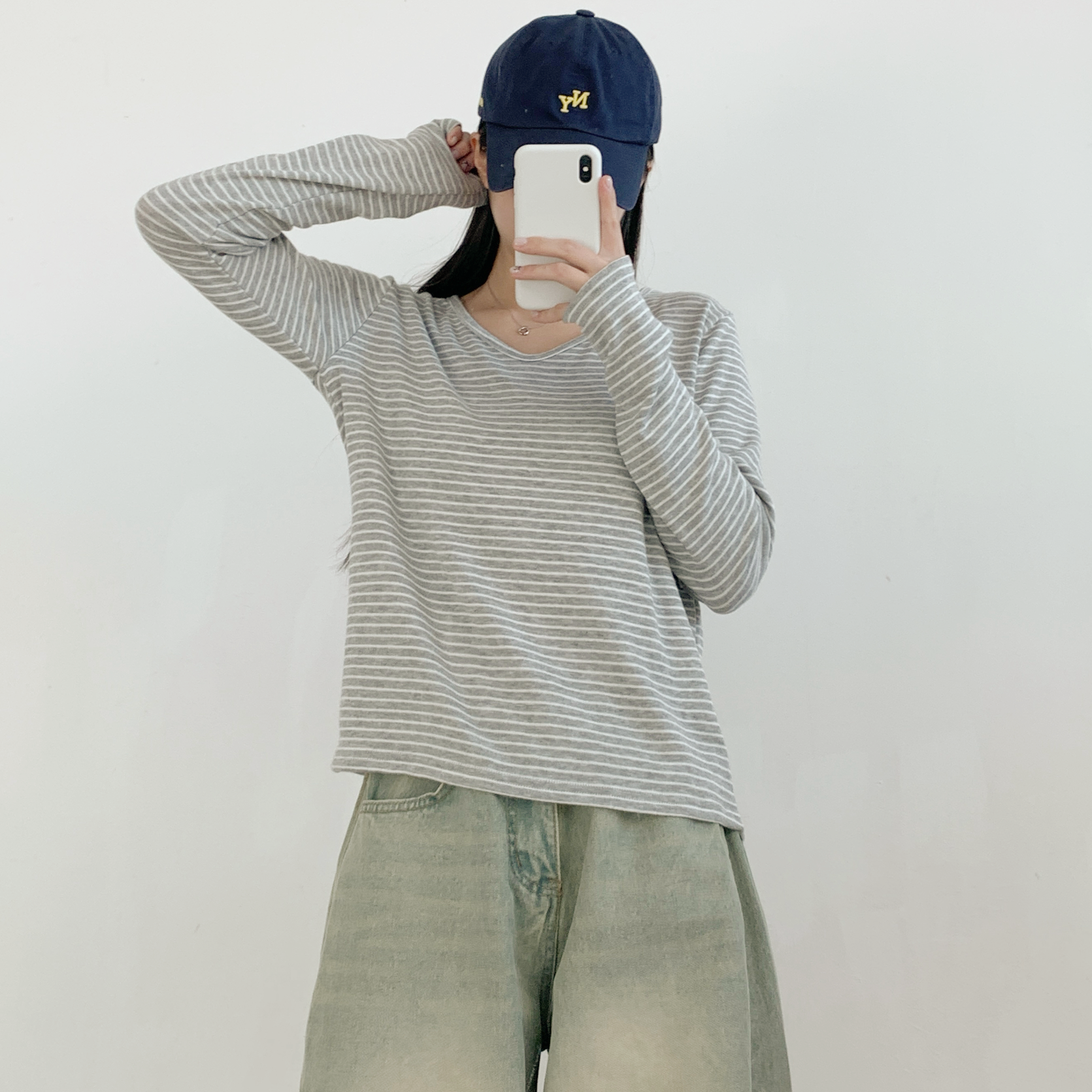 裏起毛VネックルーズボーダーTシャツ | 詳細画像5