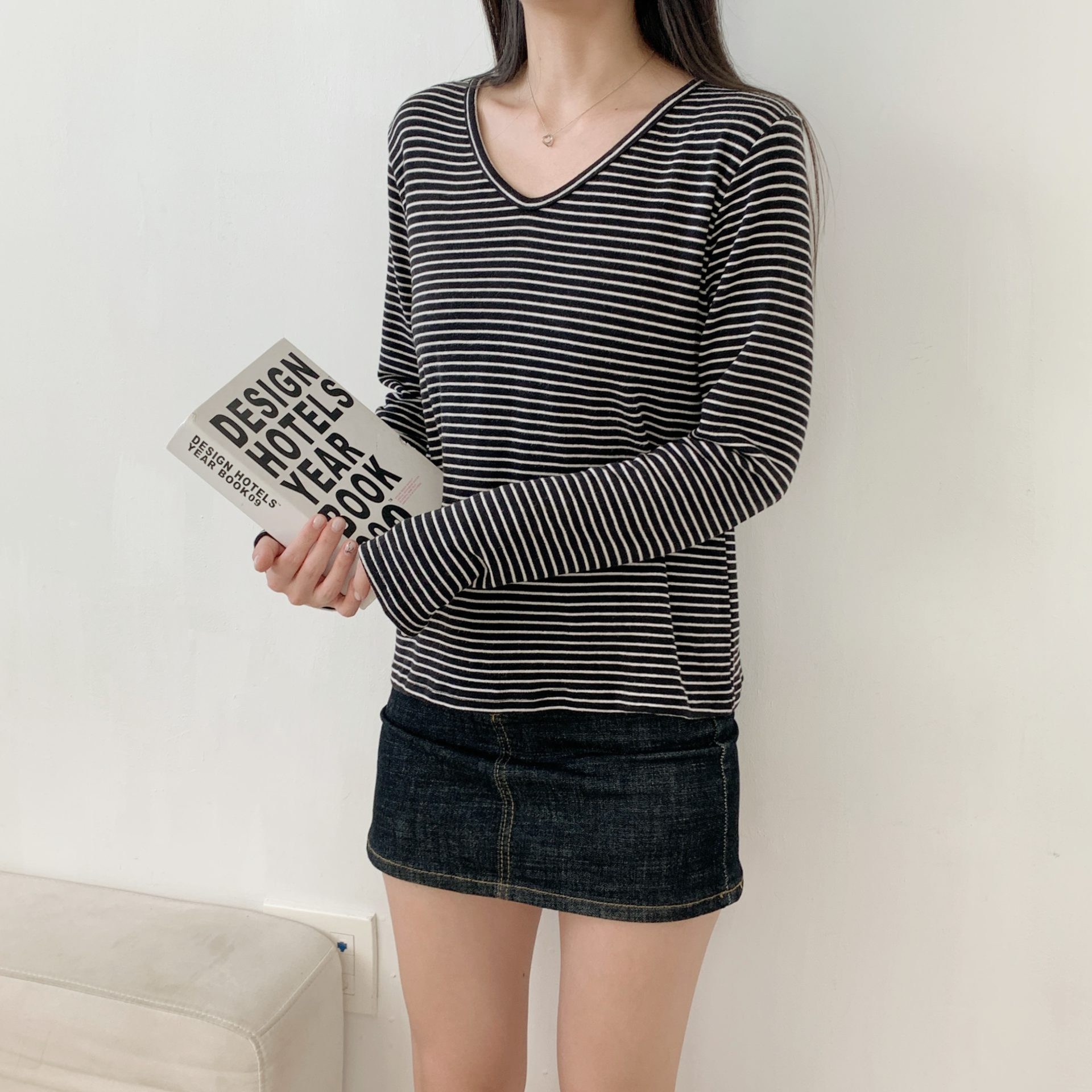 裏起毛VネックルーズボーダーTシャツ | 詳細画像10