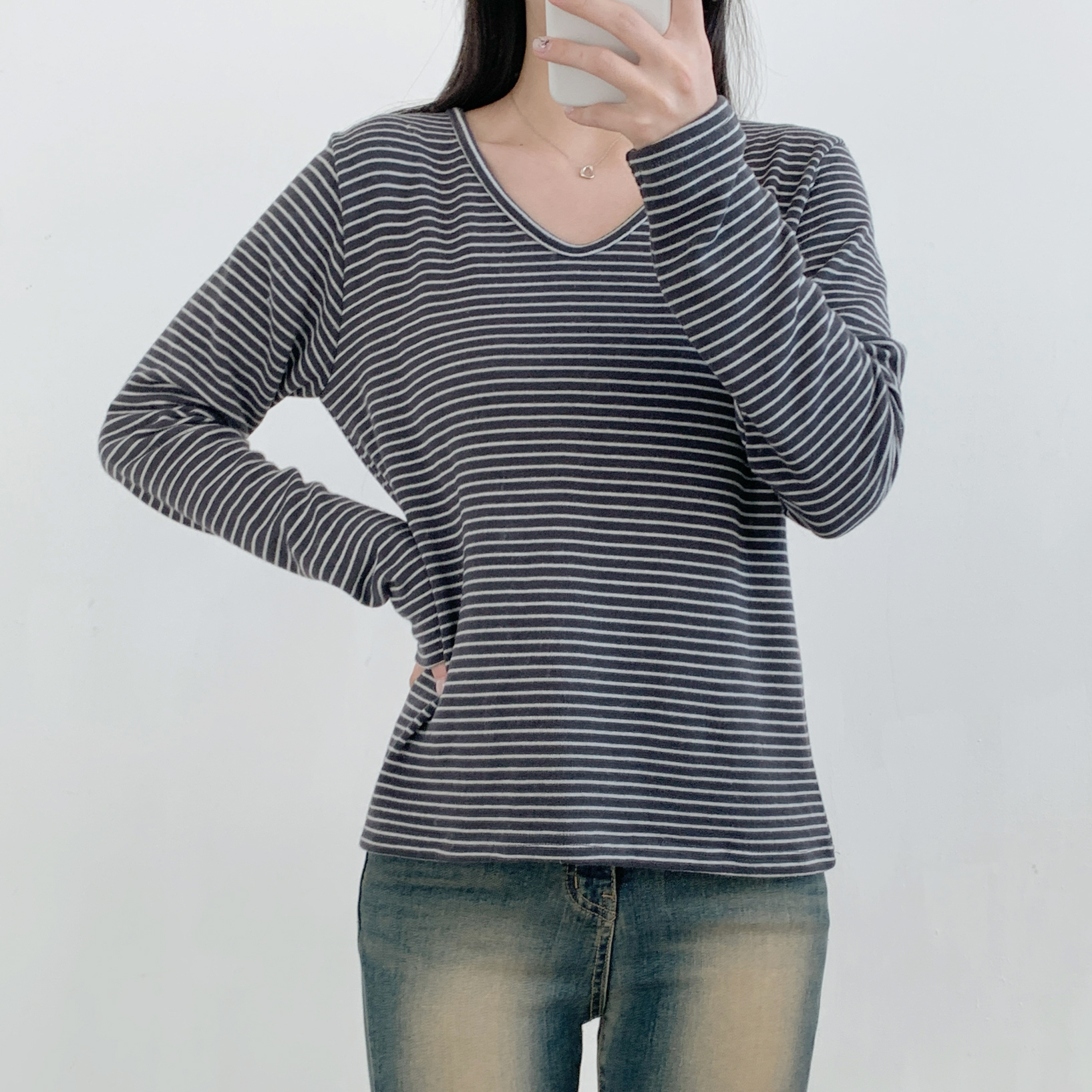 裏起毛VネックルーズボーダーTシャツ | 詳細画像16