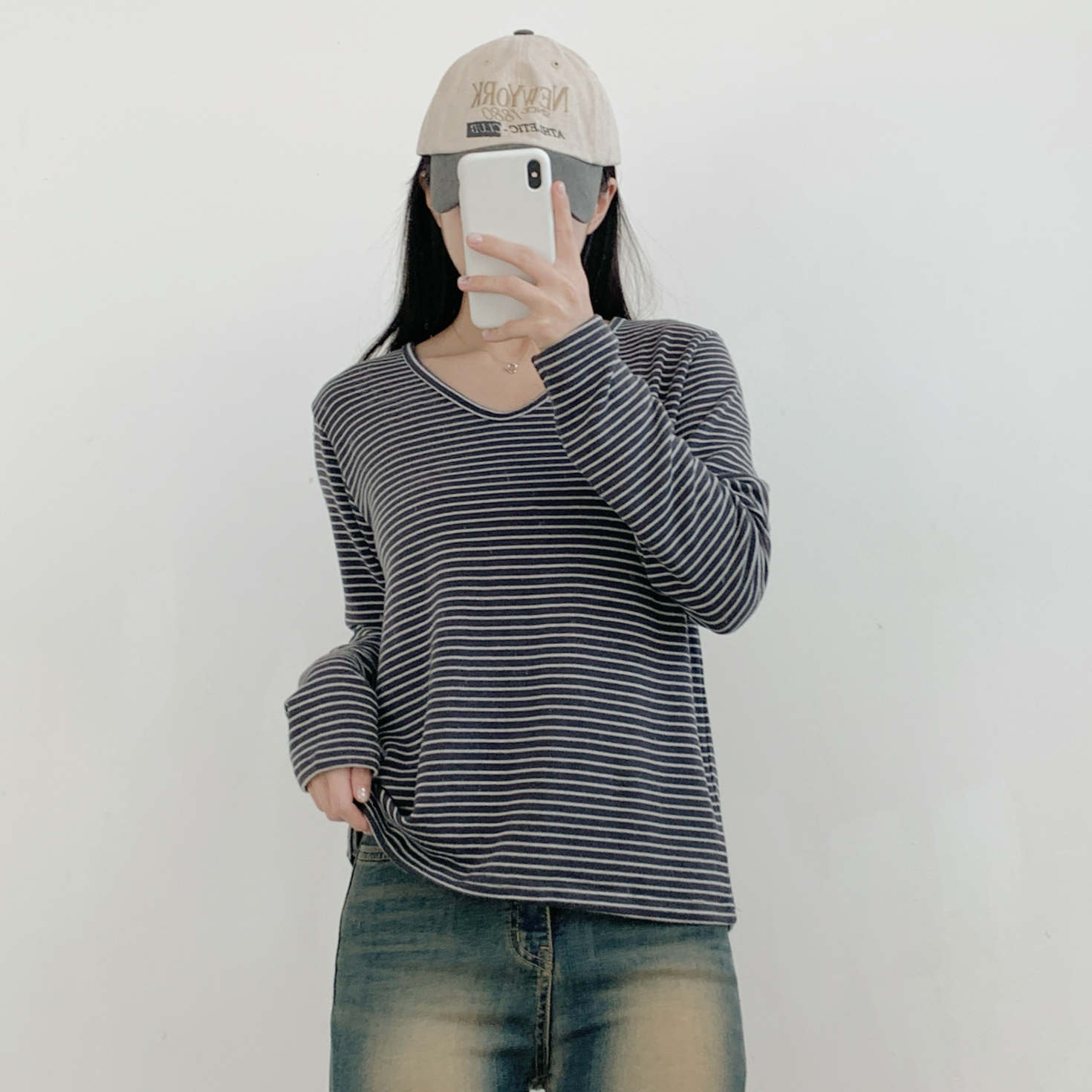 裏起毛VネックルーズボーダーTシャツ | 詳細画像15