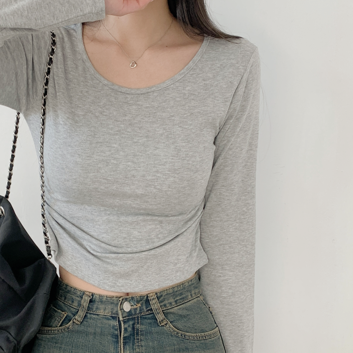 裏起毛Uネックシャーリングクロップドスリム無地Tシャツ | 詳細画像14