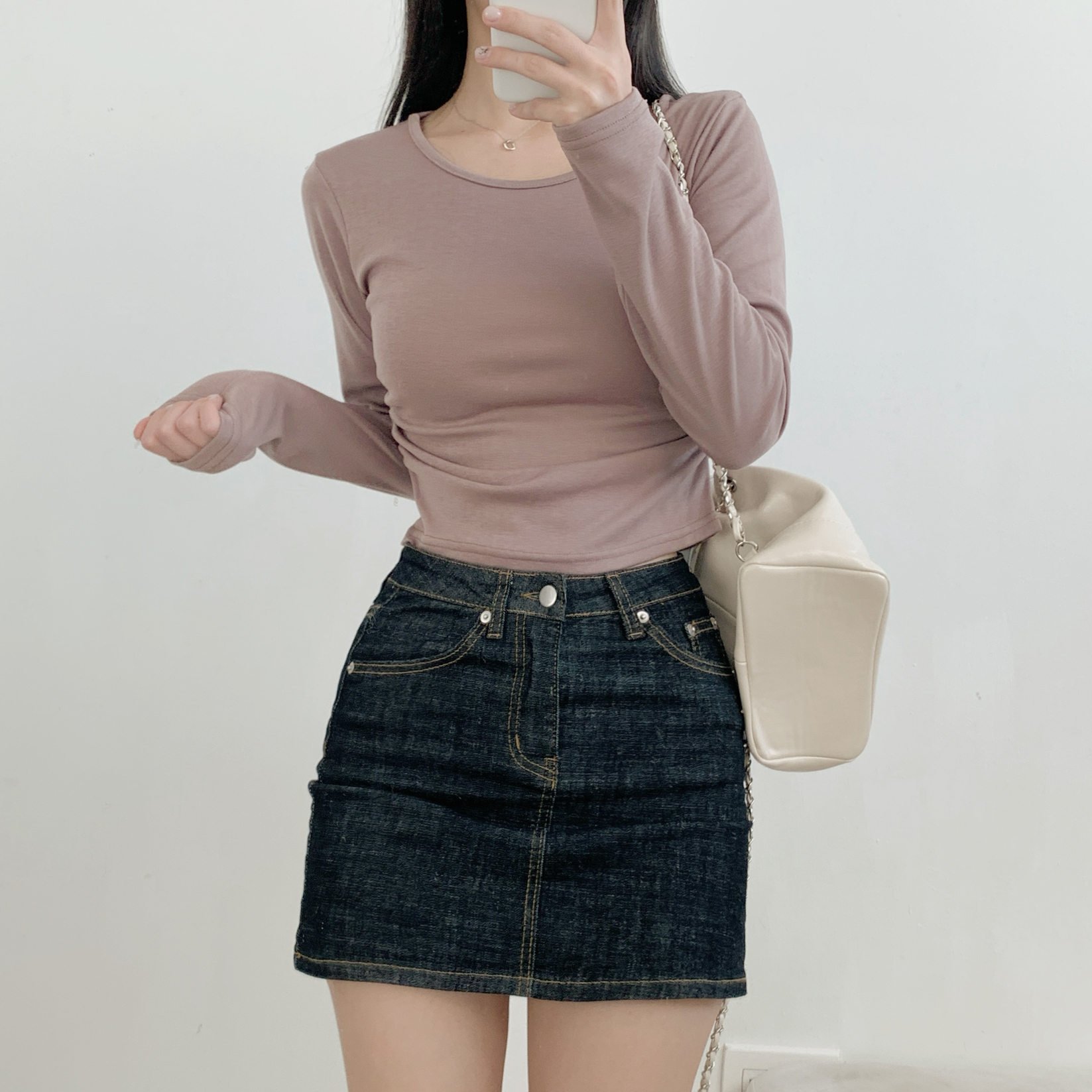 裏起毛Uネックシャーリングクロップドスリム無地Tシャツ | 詳細画像6