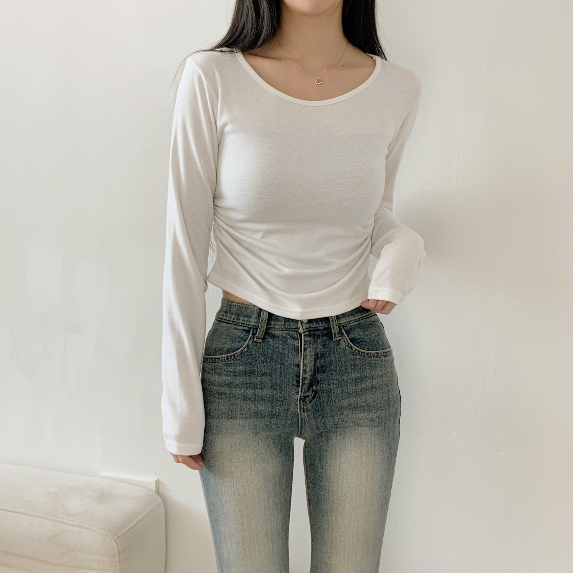 裏起毛Uネックシャーリングクロップドスリム無地Tシャツ | 詳細画像9