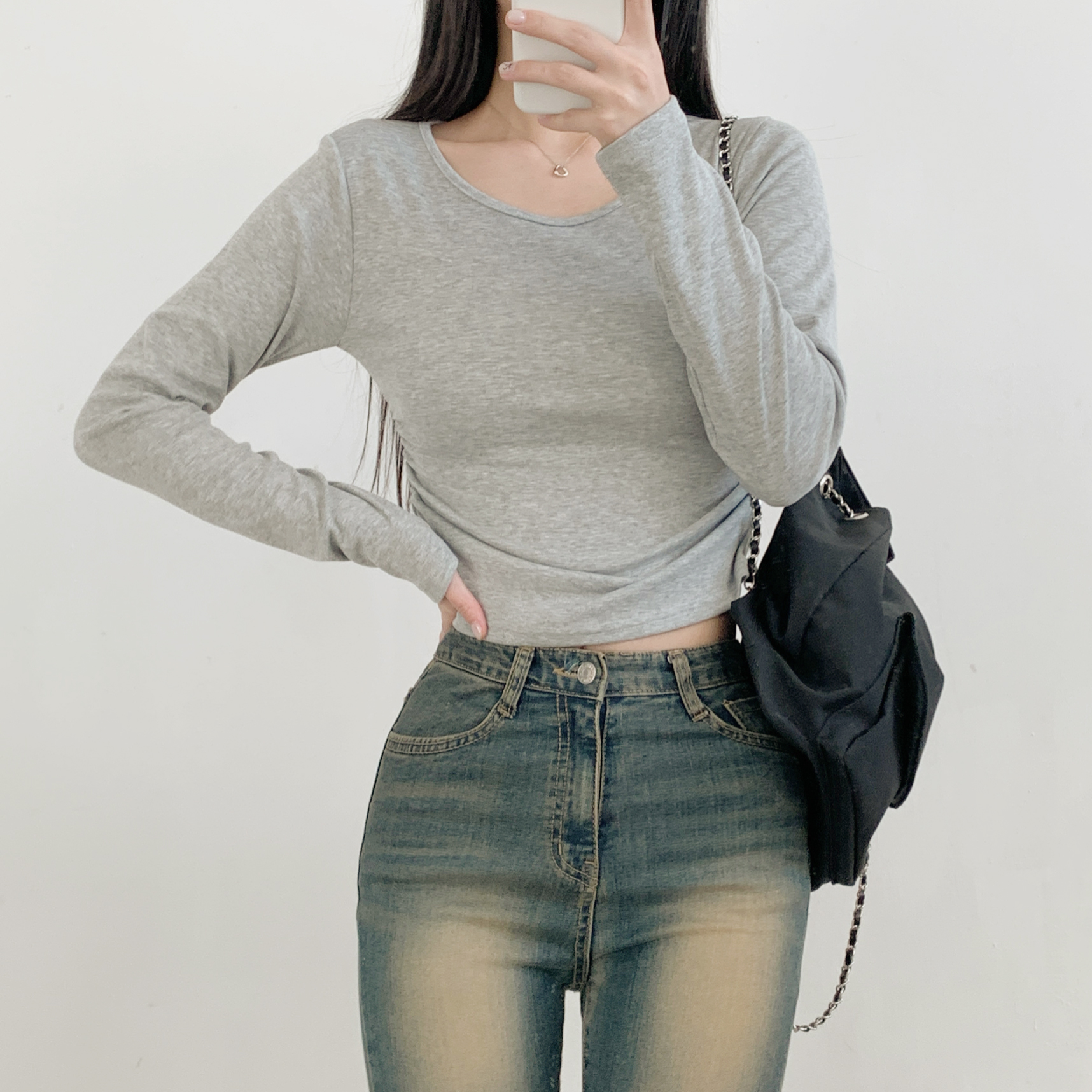 裏起毛Uネックシャーリングクロップドスリム無地Tシャツ | 詳細画像13