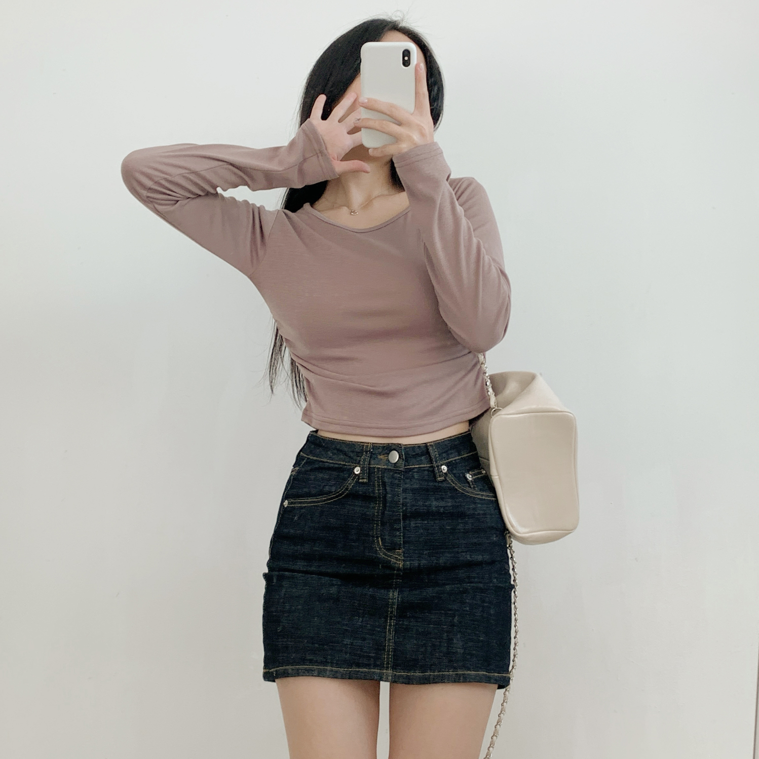 裏起毛Uネックシャーリングクロップドスリム無地Tシャツ | 詳細画像5