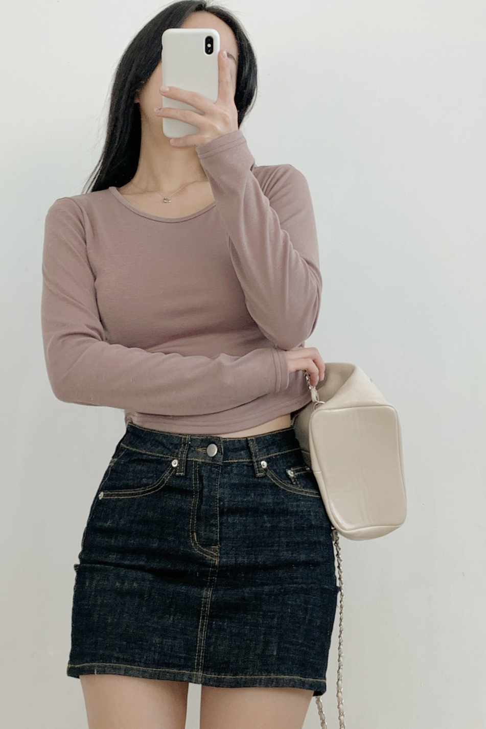 裏起毛Uネックシャーリングクロップドスリム無地Tシャツ | 詳細画像7