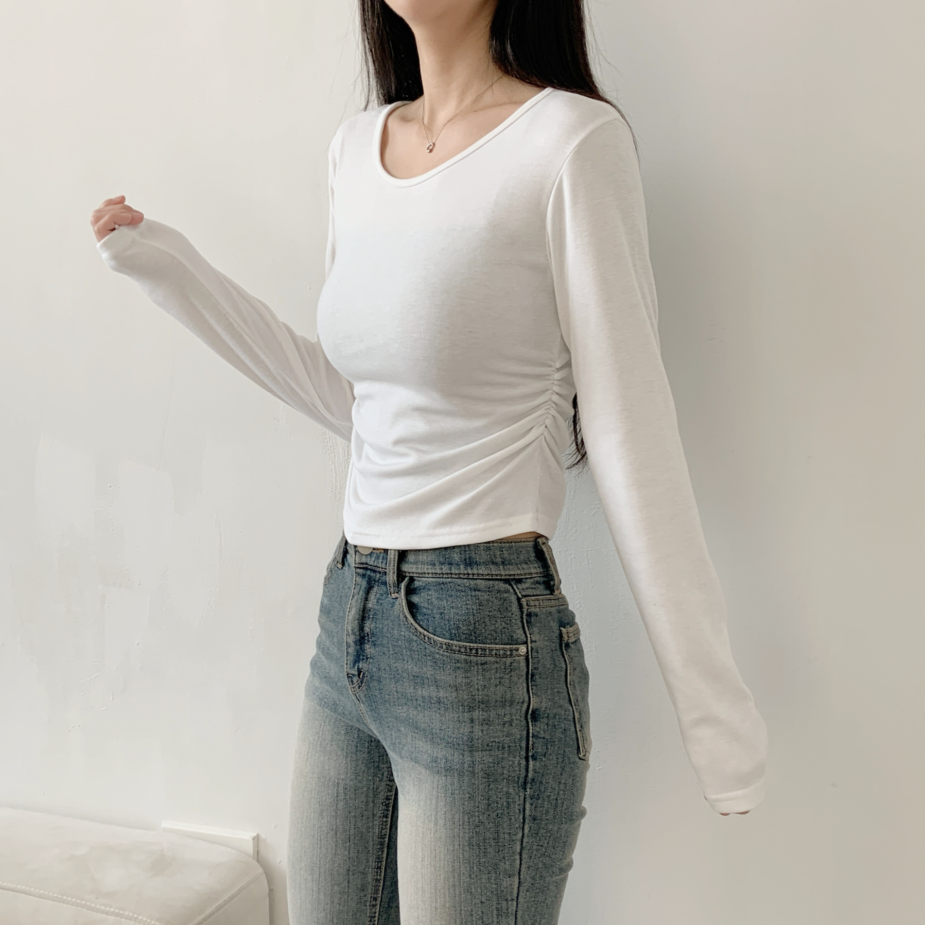 裏起毛Uネックシャーリングクロップドスリム無地Tシャツ | 詳細画像8