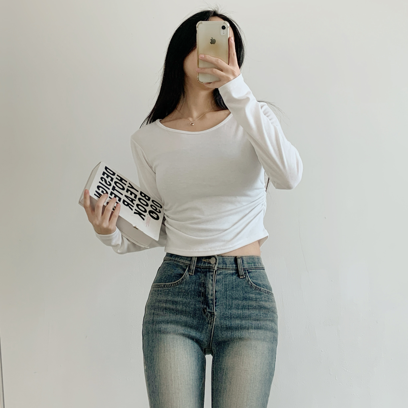 裏起毛Uネックシャーリングクロップドスリム無地Tシャツ | 詳細画像10