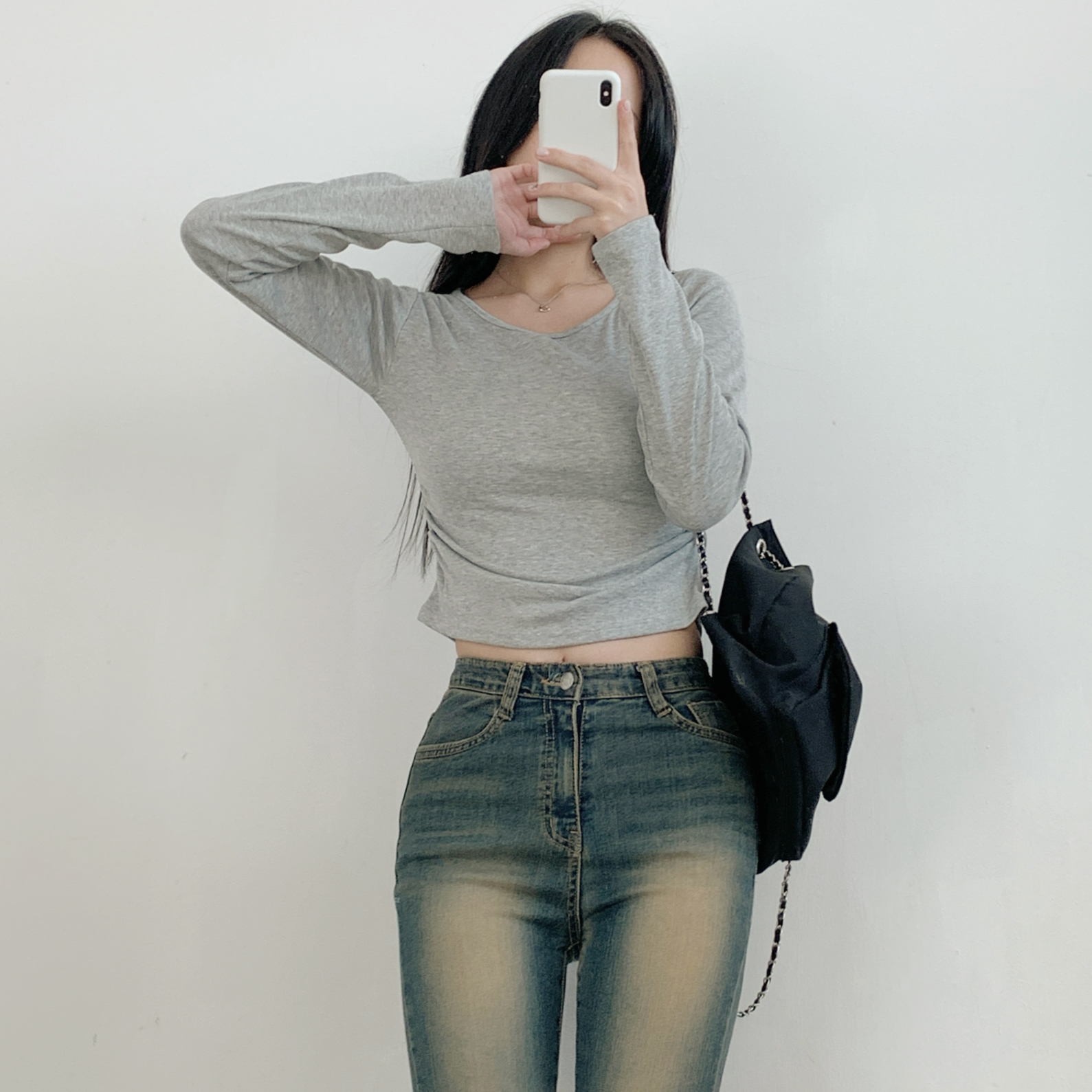 裏起毛Uネックシャーリングクロップドスリム無地Tシャツ | 詳細画像12