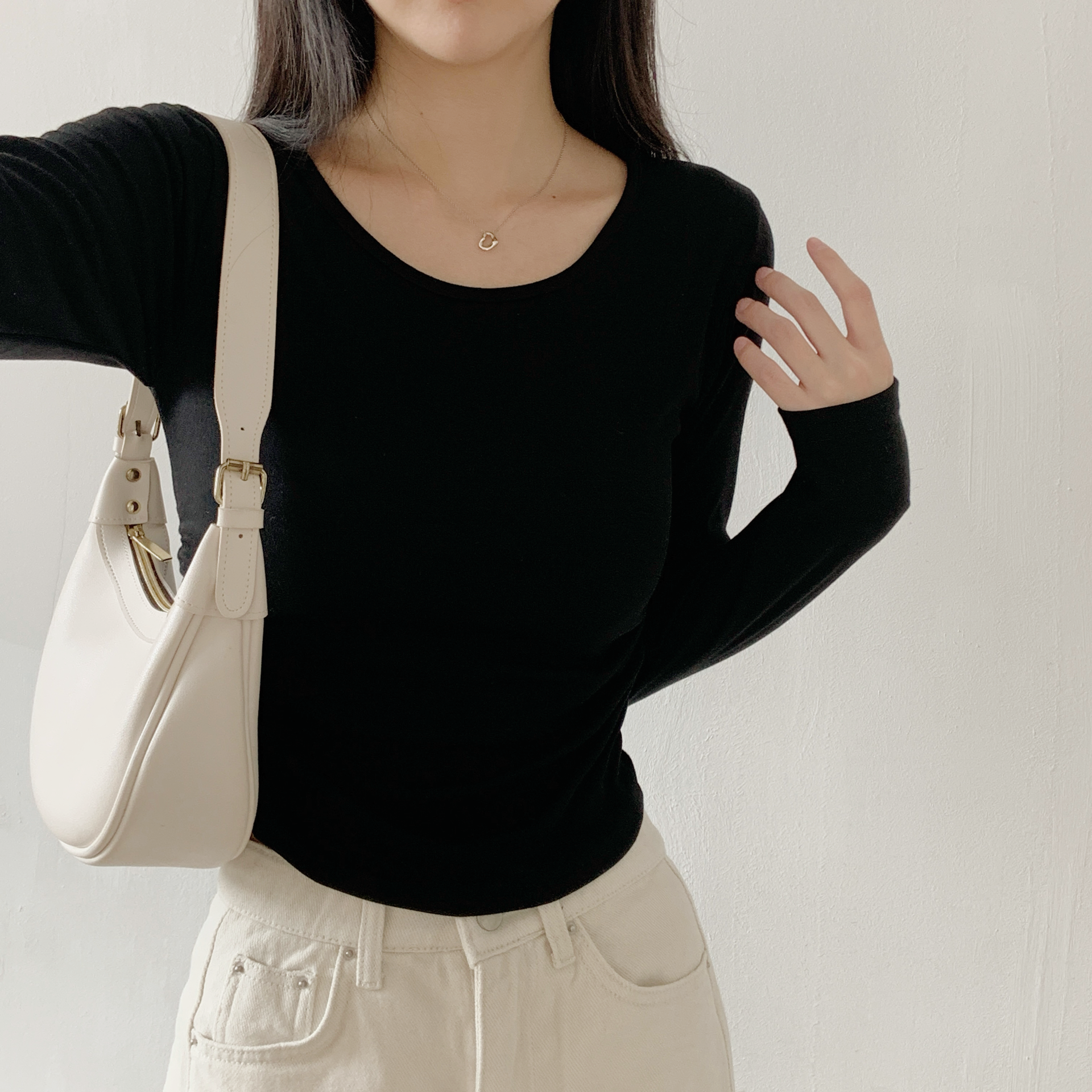 裏起毛Uネックシャーリングクロップドスリム無地Tシャツ | 詳細画像19