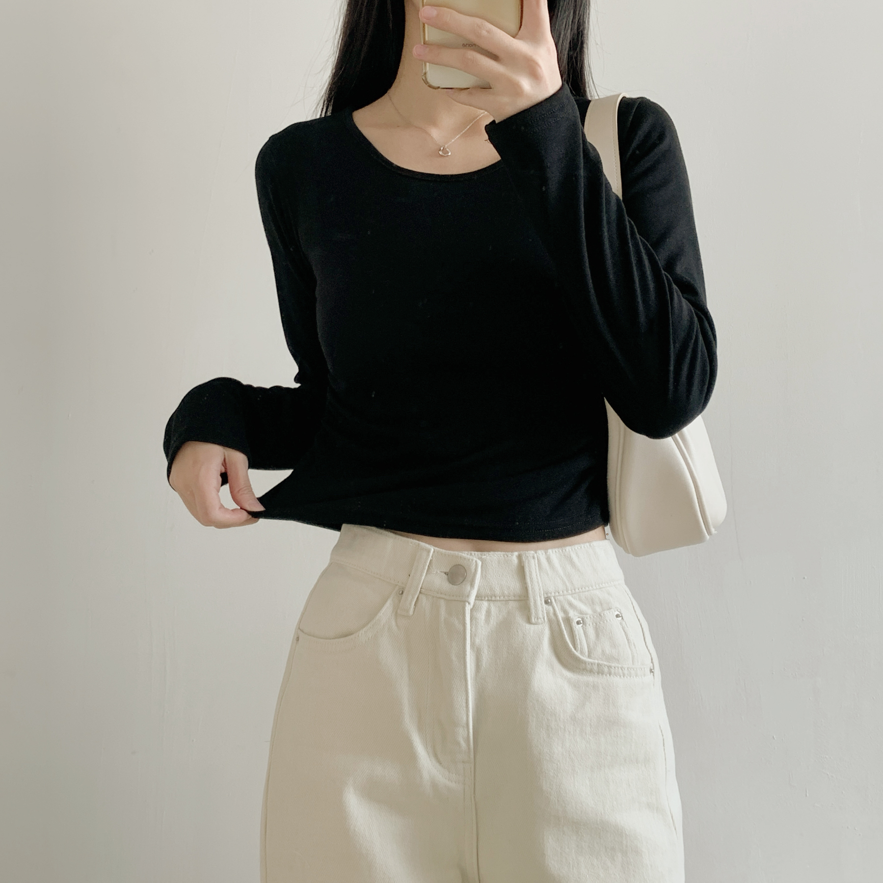 裏起毛Uネックシャーリングクロップドスリム無地Tシャツ | 詳細画像18