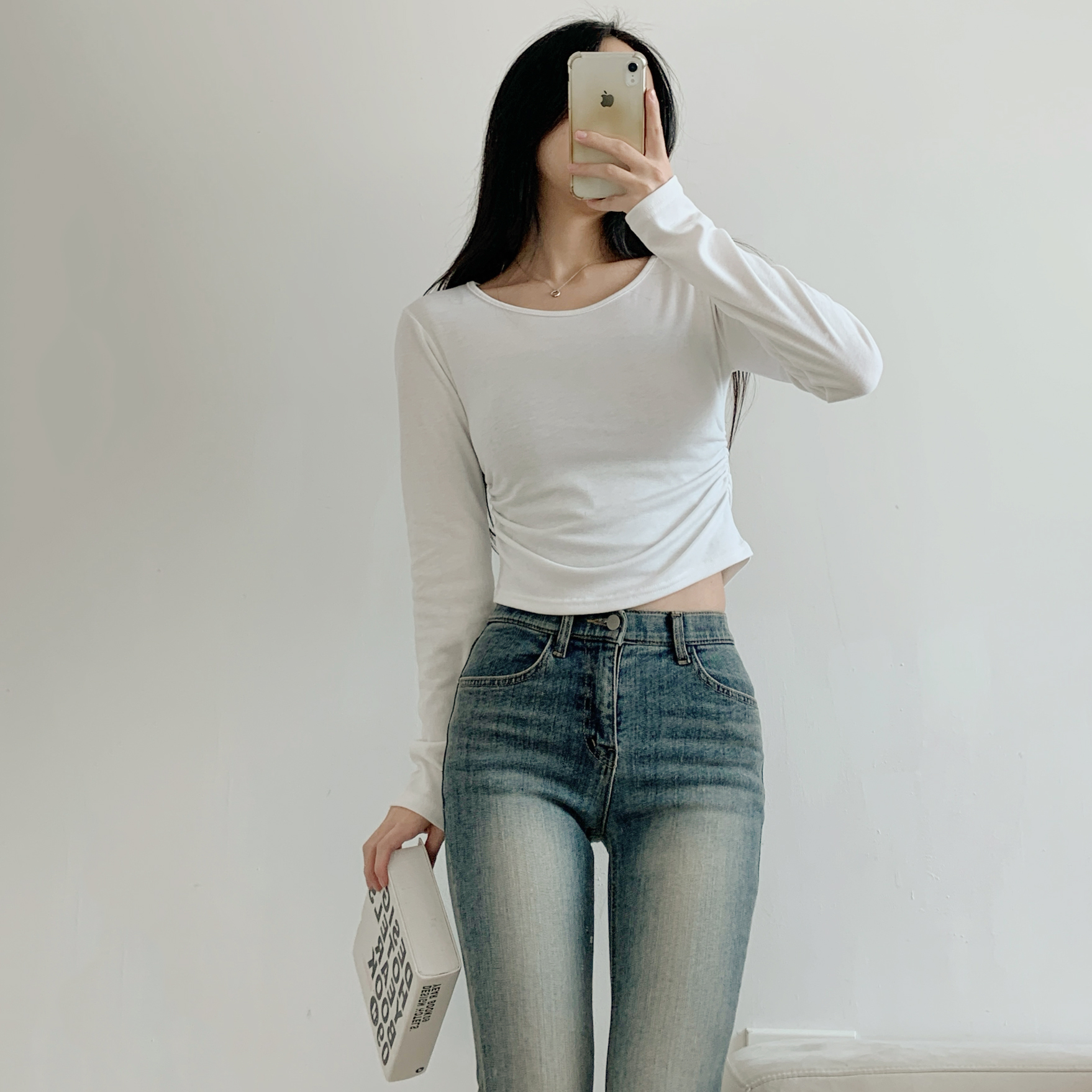 裏起毛Uネックシャーリングクロップドスリム無地Tシャツ | 詳細画像11