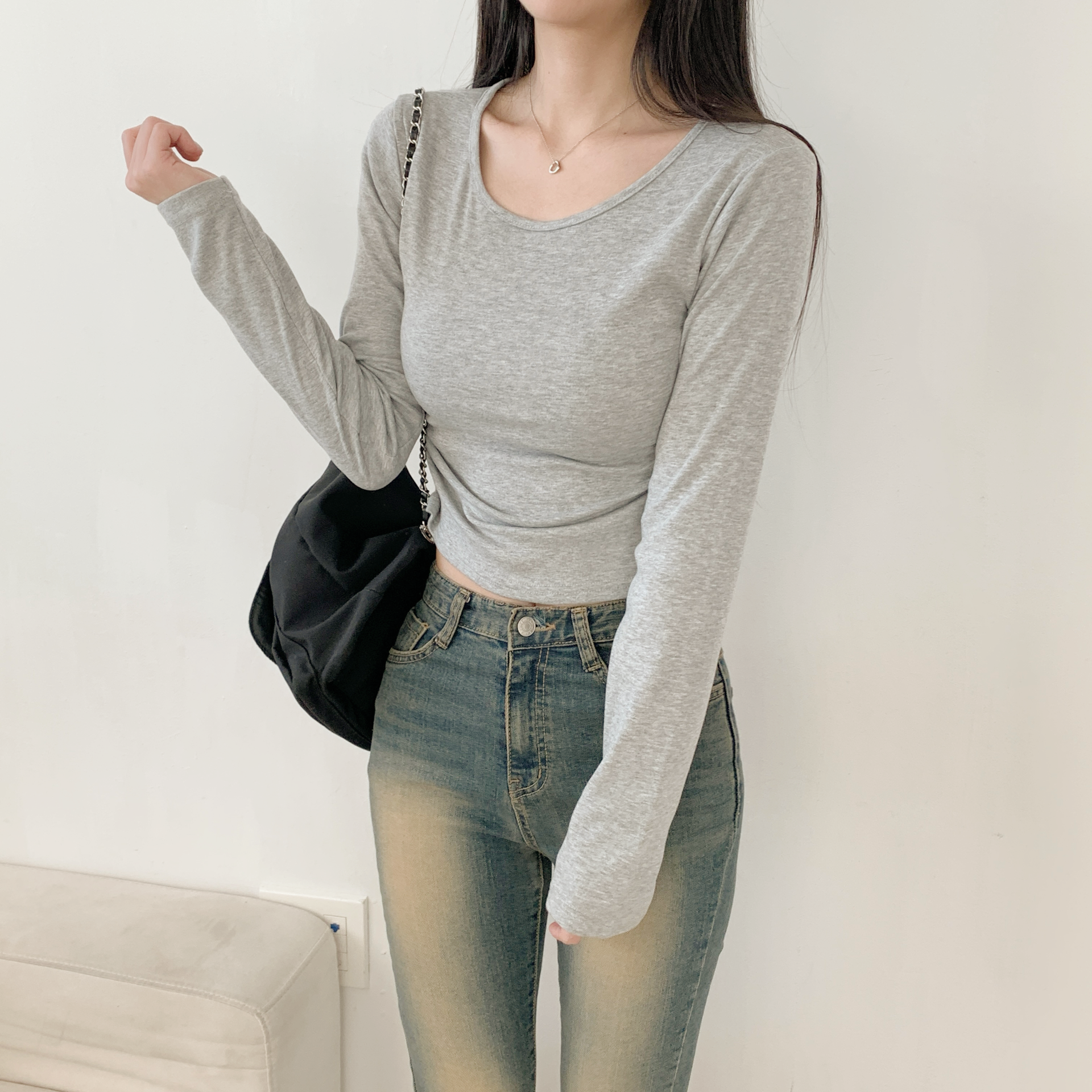 裏起毛Uネックシャーリングクロップドスリム無地Tシャツ | 詳細画像15