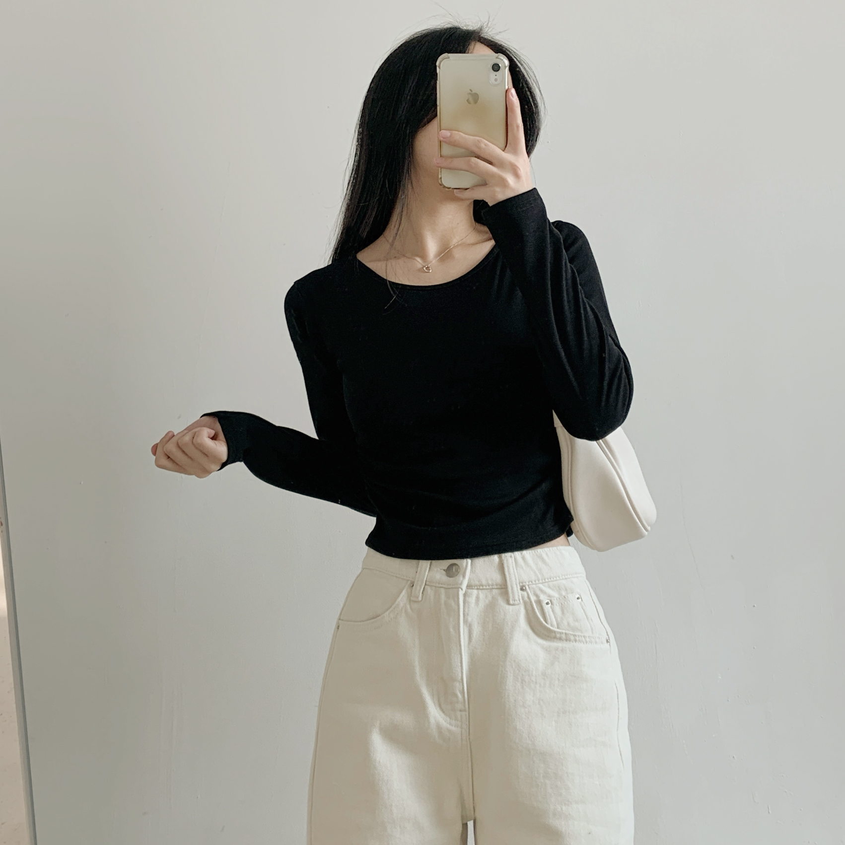 裏起毛Uネックシャーリングクロップドスリム無地Tシャツ | 詳細画像17