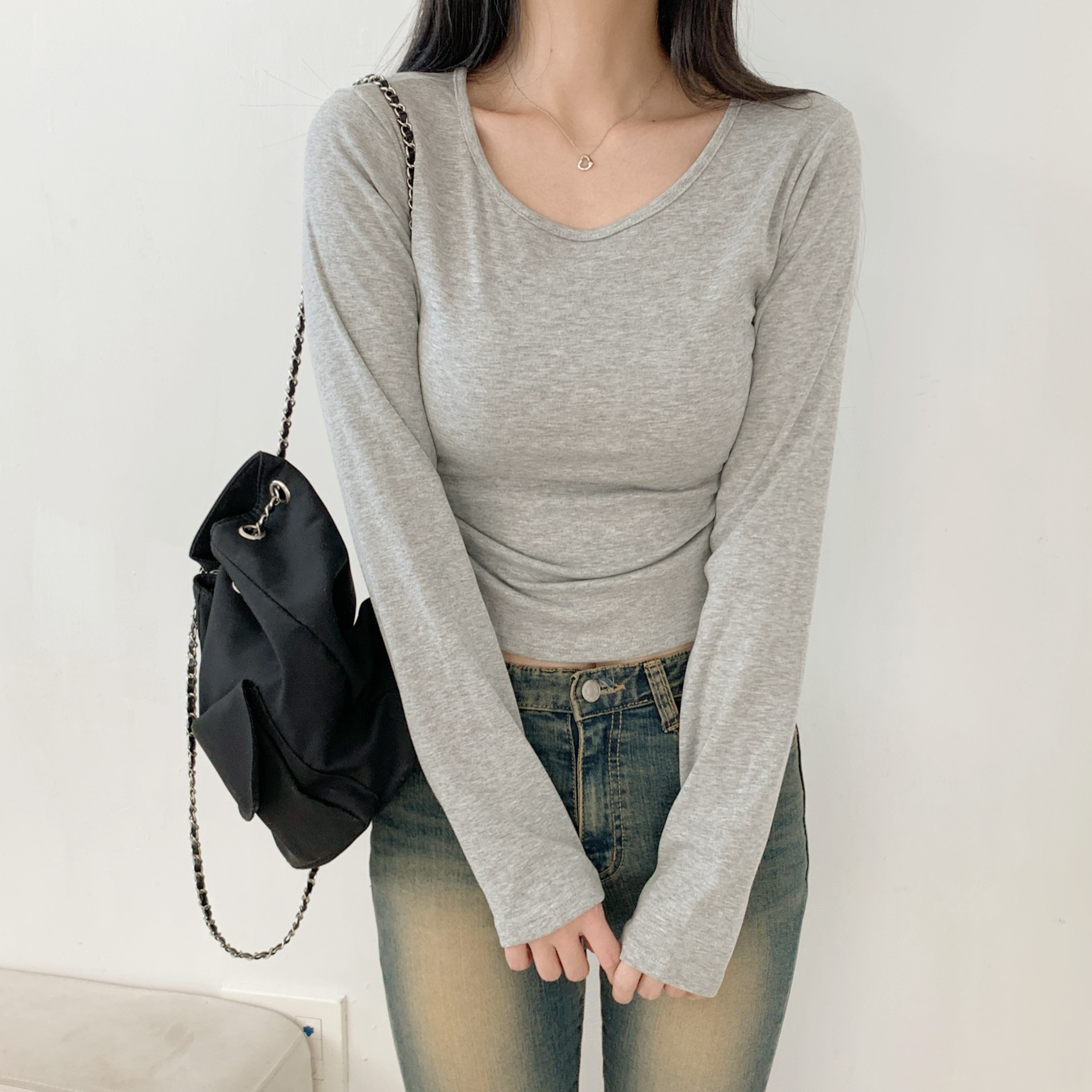 裏起毛Uネックシャーリングクロップドスリム無地Tシャツ | 詳細画像16